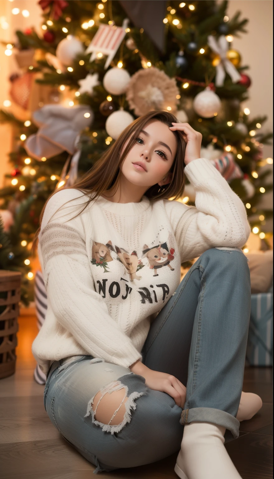 Beautiful girl sitting on the floor, girl at the Christmas tree, beautiful brown hair, thick straight hair, girl in jeans on the floor, photo session in the New Year's studio