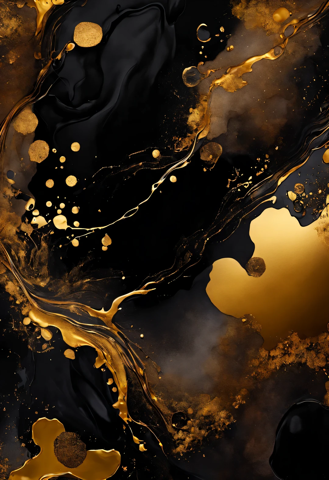 Luxurious abstract dark background in alcohol ink technique, black gold liquid painting, Scattered acrylic flecks and swirling stains, printing material