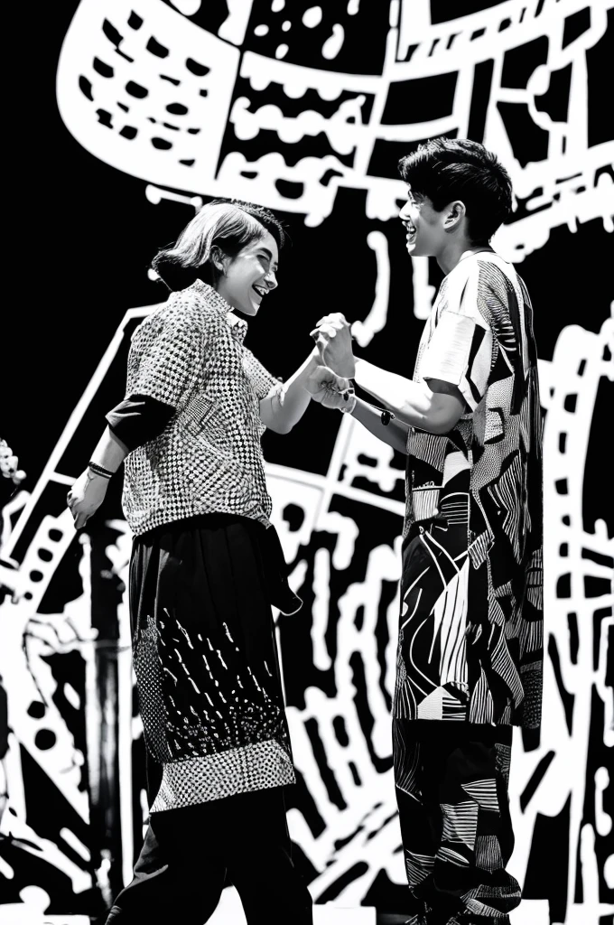 A monochrome print-style abstract painting of two people talking on stage.