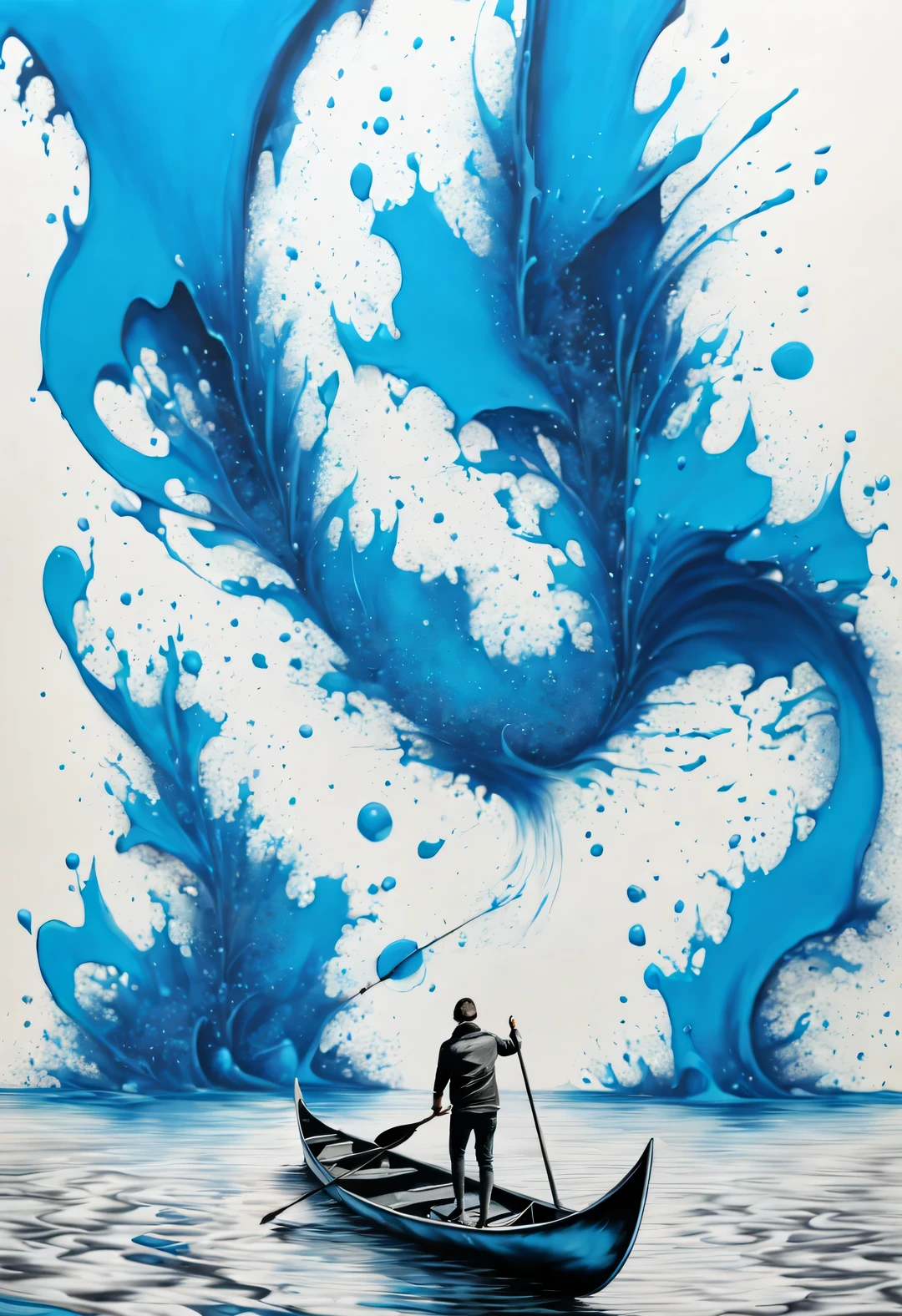 splash ink, Anna Dietman style, man in a canoe in the ocean, Surreal street art style, complex map world, Dima Ditriev, spiral, Tang Yaoxun, Richard Serra, top-down perspective, top view, Klein blue, tiffany blue, maltese blue, painting, Ink painting,