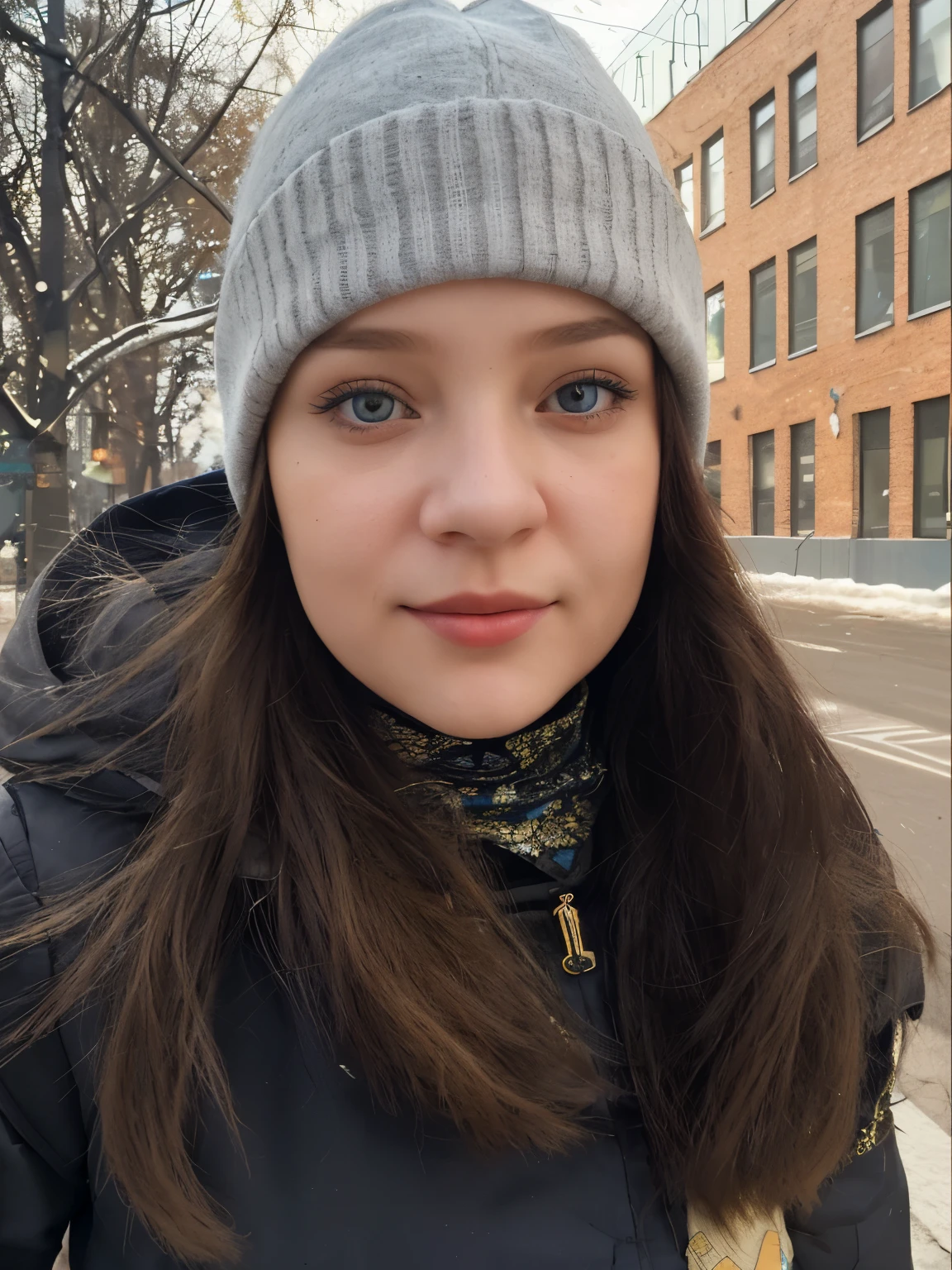 pretend this girl is walking in the city of the future. add Ukrainian clothing elements