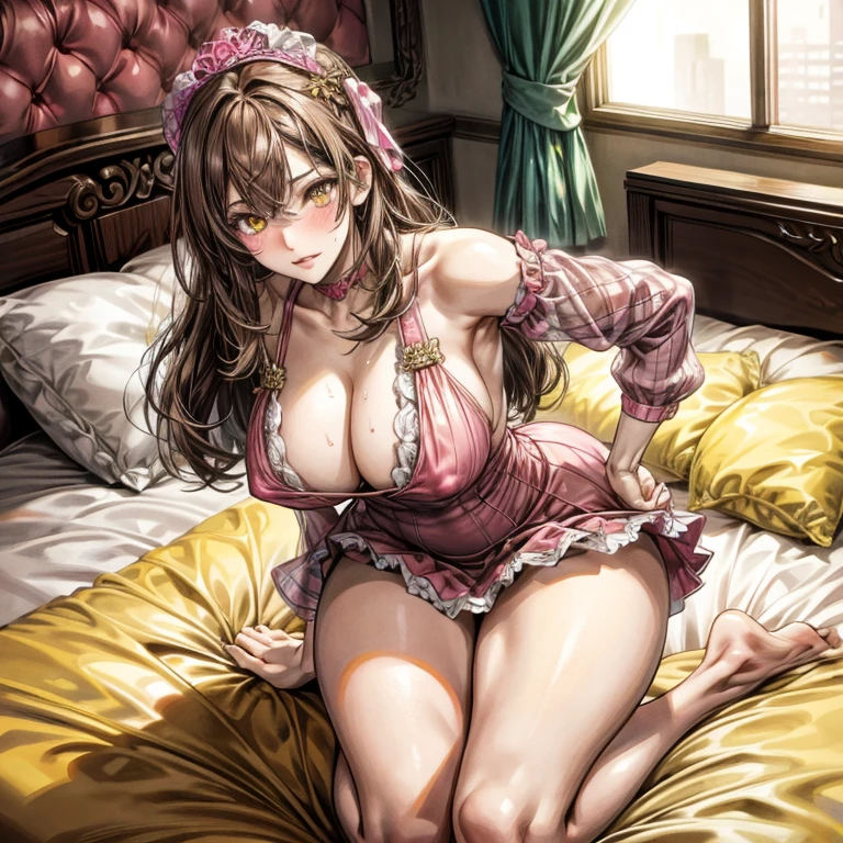 Brown hair, 1 girl, sexy, yellow eyes, wearing a tight pink dress, twerking on her bed, seductive expression, blushing