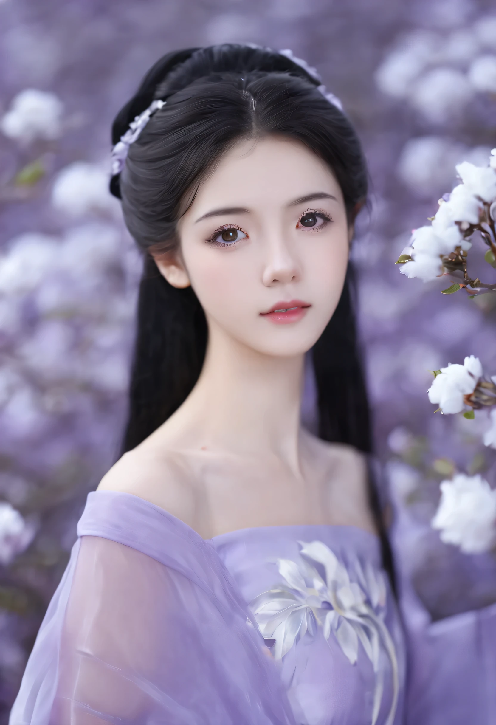 Qiman.com, A photo of a beautiful girl,( Wearing a purple dress), looking at the audience, (Upper body ||whole body:1.2), black hair, cloth,holography,white flowers in the background , (perfect eyes, beautiful face and black eyes:1.3, natural skin), (detail:1.1), lifelike, Surreal,32k,original photo, 8k ultra high definition, SLR camera, high quality, film grain,