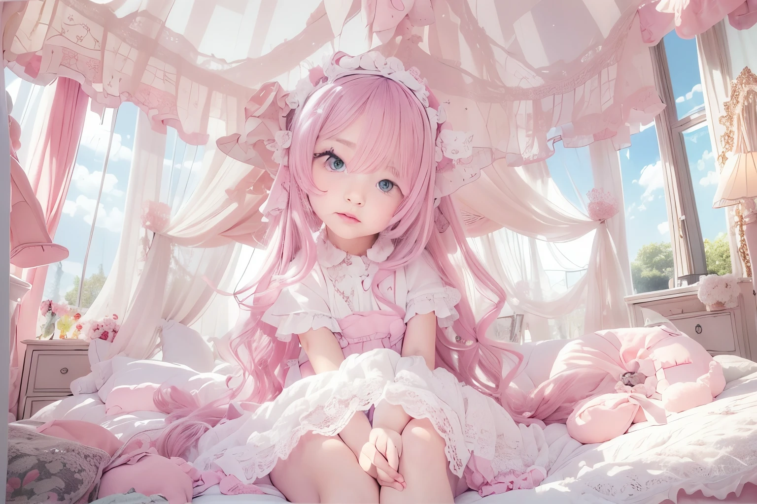 highest quality, masterpiece, highest resolution, artwork, super それにget used to it, many get used to it, get used to it, それにget used to it,(change),luxury pink princess bed,Lots of pillows,ruffle bed skirt,luxury canopy,soft futon,soft pillow,
