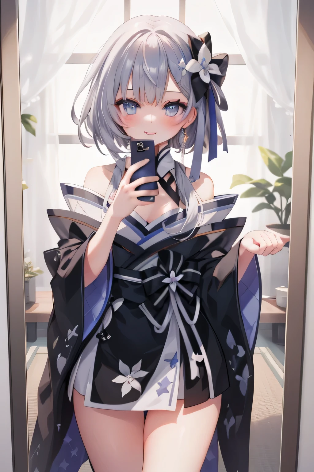 (best quality:1.2),ultra-detailed, solo,1girl,vestianewyr,smile, beautiful detailed eyes,detailed lips, longeyelashes, silver shiny hair, hair bow, hair flower, Japanese clothes, black kimono, off shoulder, blush, masterpiece, best quality, highly detailed, mirror, selfie, holding phone, thick thighs, vibrant colors, warm color palette, soft lighting, stuning,