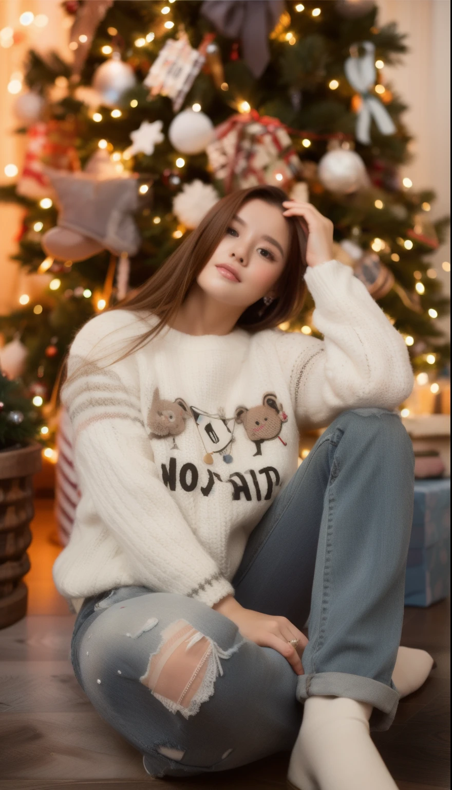 Beautiful girl sitting on the floor, girl at the Christmas tree, beautiful brown hair, thick straight hair, girl in jeans on the floor, photo session in the New Year&#39;s studio, girl on the laminate, floors without carpet, 