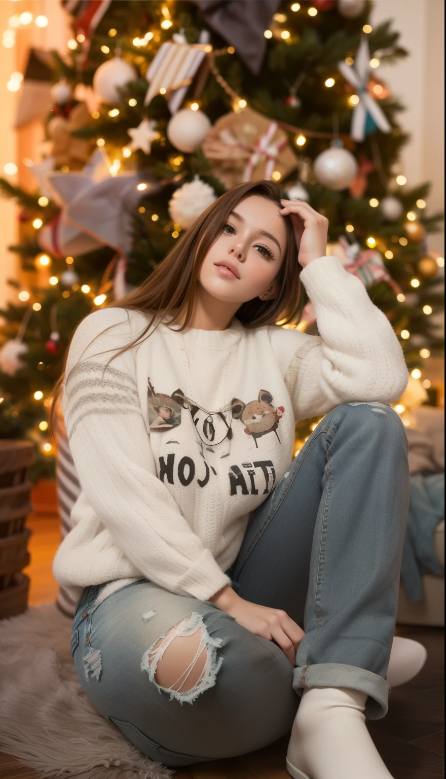 Beautiful girl sitting on the floor, girl at the Christmas tree, beautiful brown hair, thick straight hair, girl in jeans on the floor, photo session in the New Year's studio, girl on the laminate, floors without carpet,