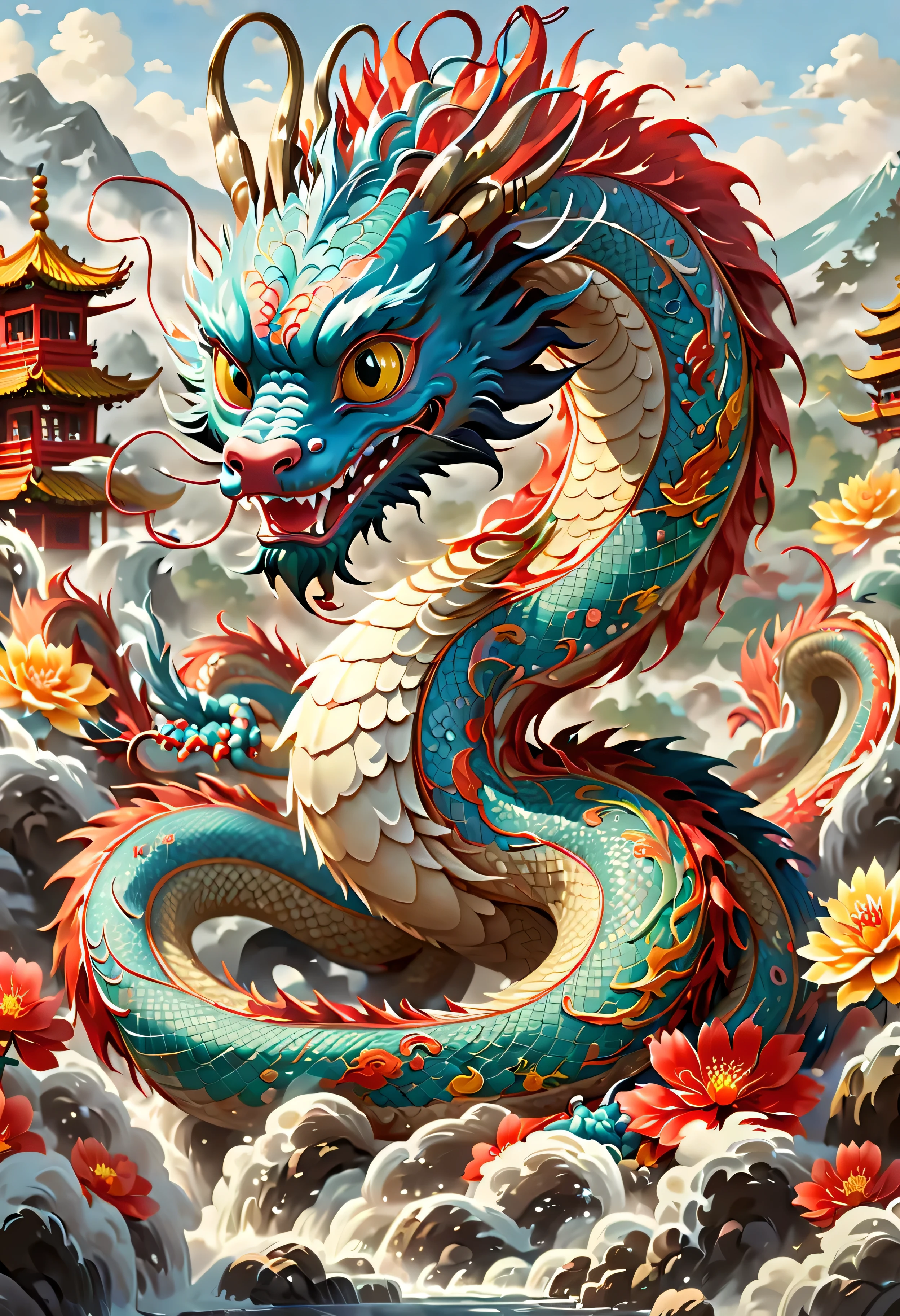 (8k, 16k, Award-winning, Dynamic,best quality, highest resolution, Super details, high detail, anatomically correct, masterpiece, stunning beauty), A very cute Chinese dragon drawn by Maud Lewis, New Year atmosphere,Head close-up, abstract simple lines, illustration, Polychromatic, Advanced color matching--ar 9:16 --s 1000 --v 6.0