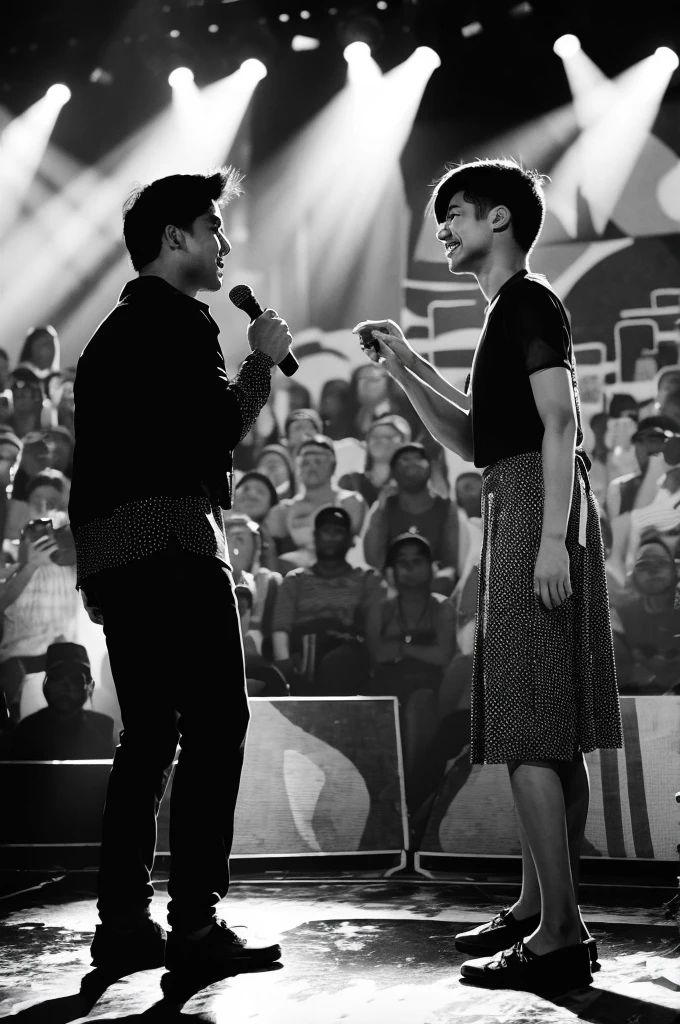 An abstract painting with a monochrome print-like texture that captures two people talking on stage.