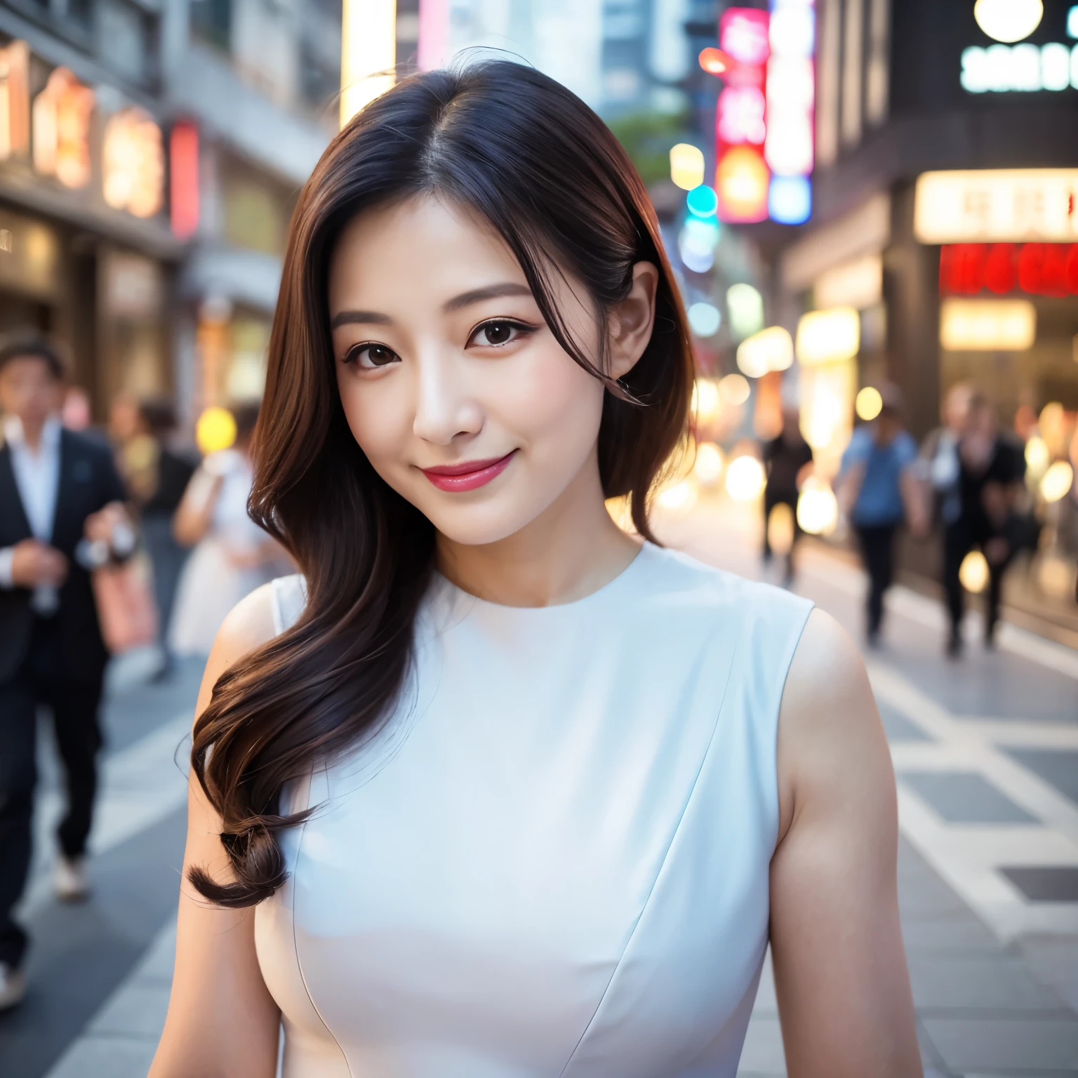 ((highest quality、8K resolution、master masterpiece、professional photography)), (50 year old beautiful mature woman with an idol face:1.1), wrinkled face、Mature woman on a date in Harajuku、Walking through the streets of Harajuku、(Wearing a pure white, elegant, high-class top:1.1)、upper body photo、wrinkles around the eyes、stand gracefully、plump and soft body、The most elegant and beautiful berry long wavy hair、the biggest smile when you look at me、swollen chest、perfect makeup、beautiful lipstick、classy eye shadow、long eyelashes、Super high-resolution glossy skin