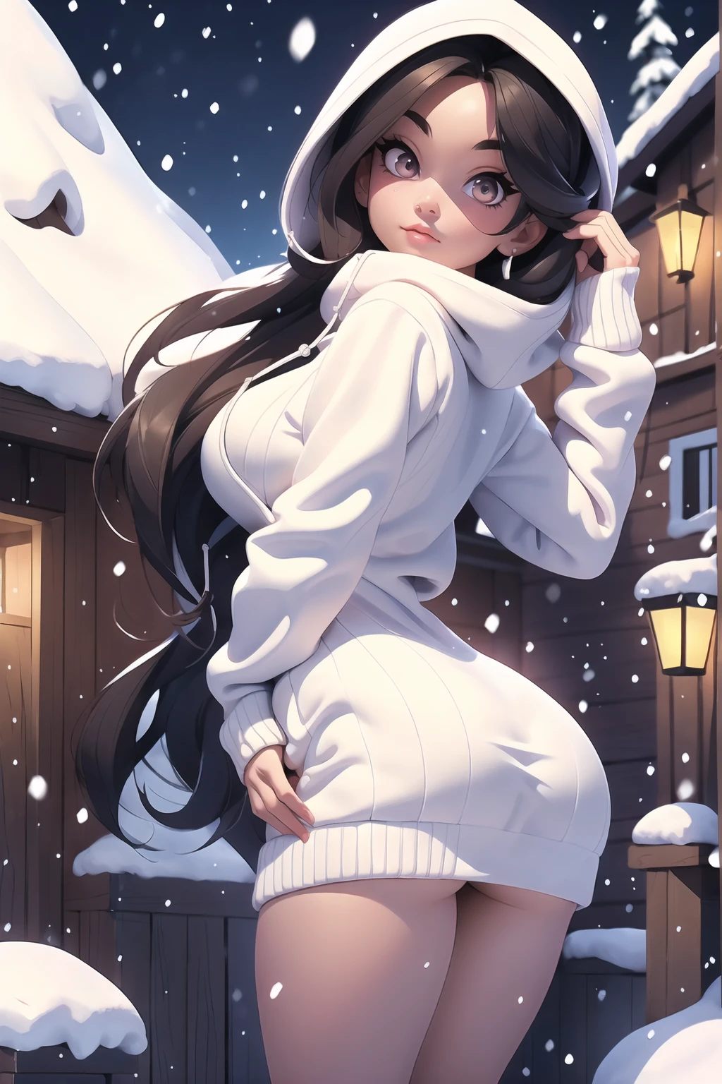 Beautiful sensual woman with a perfect body, long hair, bangs, french braid, widest waist, fitting breasts, sparkling eyes, long eyelashes, thick thighs, Strong calves, shy Look, taniaayusiregar, She wears a hoodie, Standing on the porch of a small Mountain hut, evening in Winter, snowy, photorealistic, Masterpiece, bokeh, Volumetric lighting, winter season atmosphere, (no panties), ((ass shot)), (back view)