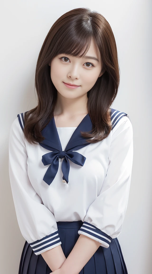 oil(highest quality, 8K, masterpiece, nffsw:1.2), (Raw photo), (realistic), (Photoreal:1.2), (High resolution), huge file size, super detailed, very beautiful face and eyes, 1 girl, (), infp young woman, round and small face, big breasts thin waist, smile、(((small breasts)))、(((white wall background)))、 (school uniform, sailor suit、白いsailor suit, dark blue pleated skirt:1.23), (bust shot)、(((brown hair)))、((半袖のsailor suit))、woman's face、(((upper body shot)))、(((lob hair)))、(((lob hair)))、(((cheeks are flushed)))、(((I have brown hair)))、(((red tie)))、(((Arms folded in front of the chest)))、(((laughing out loud)))、(((open your mouth)))、(((cheeks are flushed)))