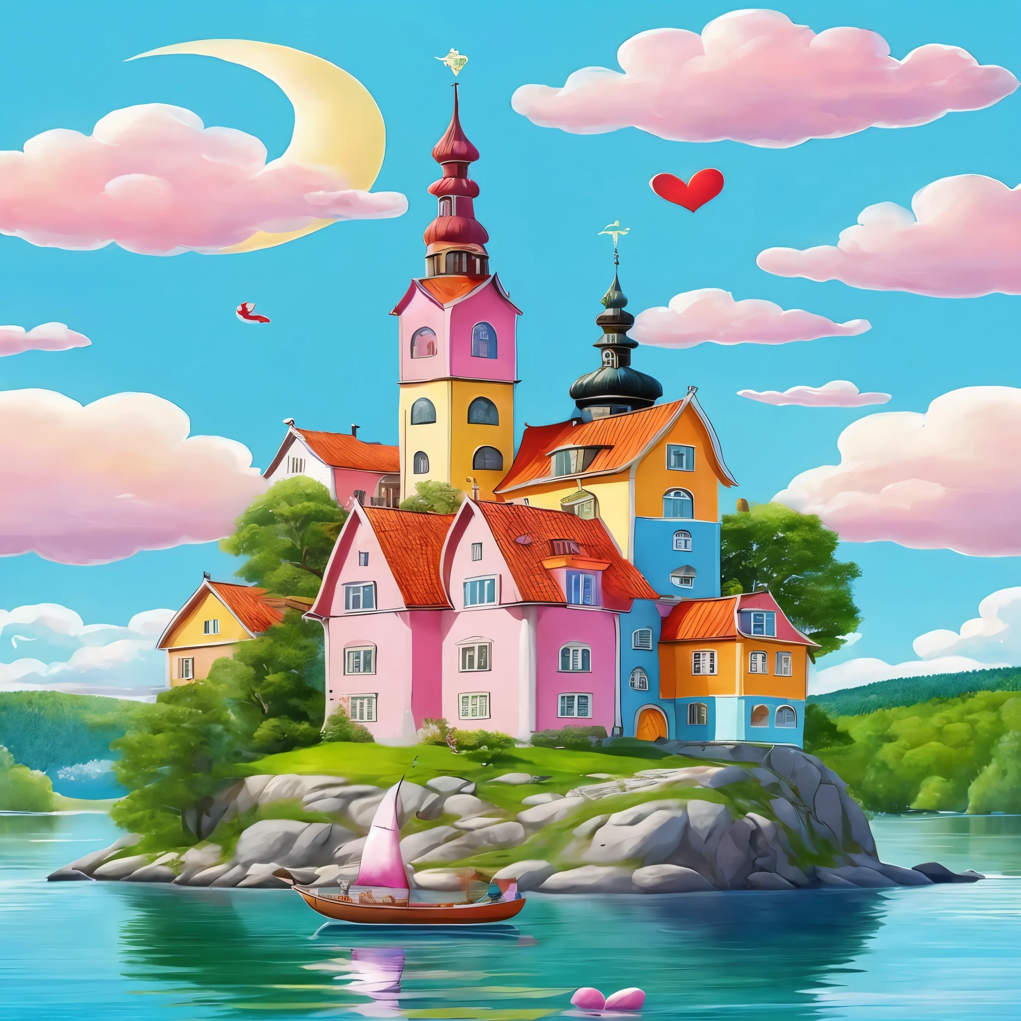 painting of a small boat floating in a lake near a castle, magical castle school on a hill, flying cloud castle, fantasy town, medeival fantasy town, magical village, whimsical art, flying castle, inspired by Tomek Setowski, by Igor Grabar, inspired by Jacek Yerka, by Tomek Setowski, colorful illustration, colorful city