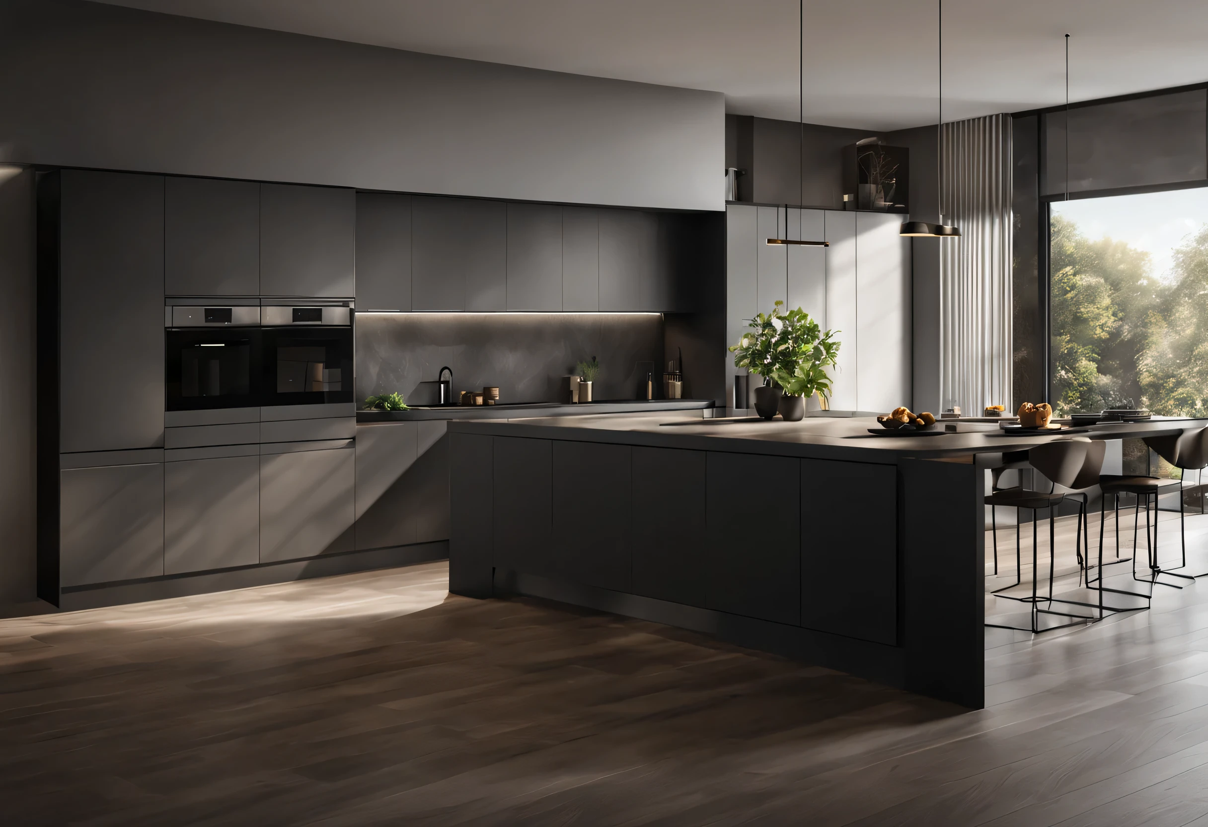 There is a kitchen in the middle of the room,There is a big island, Smooth lines and great power, dark kitchen, minimal kitchen, concept art. 8k, luxury bespoke kitchen design, vray 8k rendering, luxcore renderer, Sleek streamlined design, High quality rendering, smooth surface, Deluxe HD rendering, Dark and modern, elegant minimalism