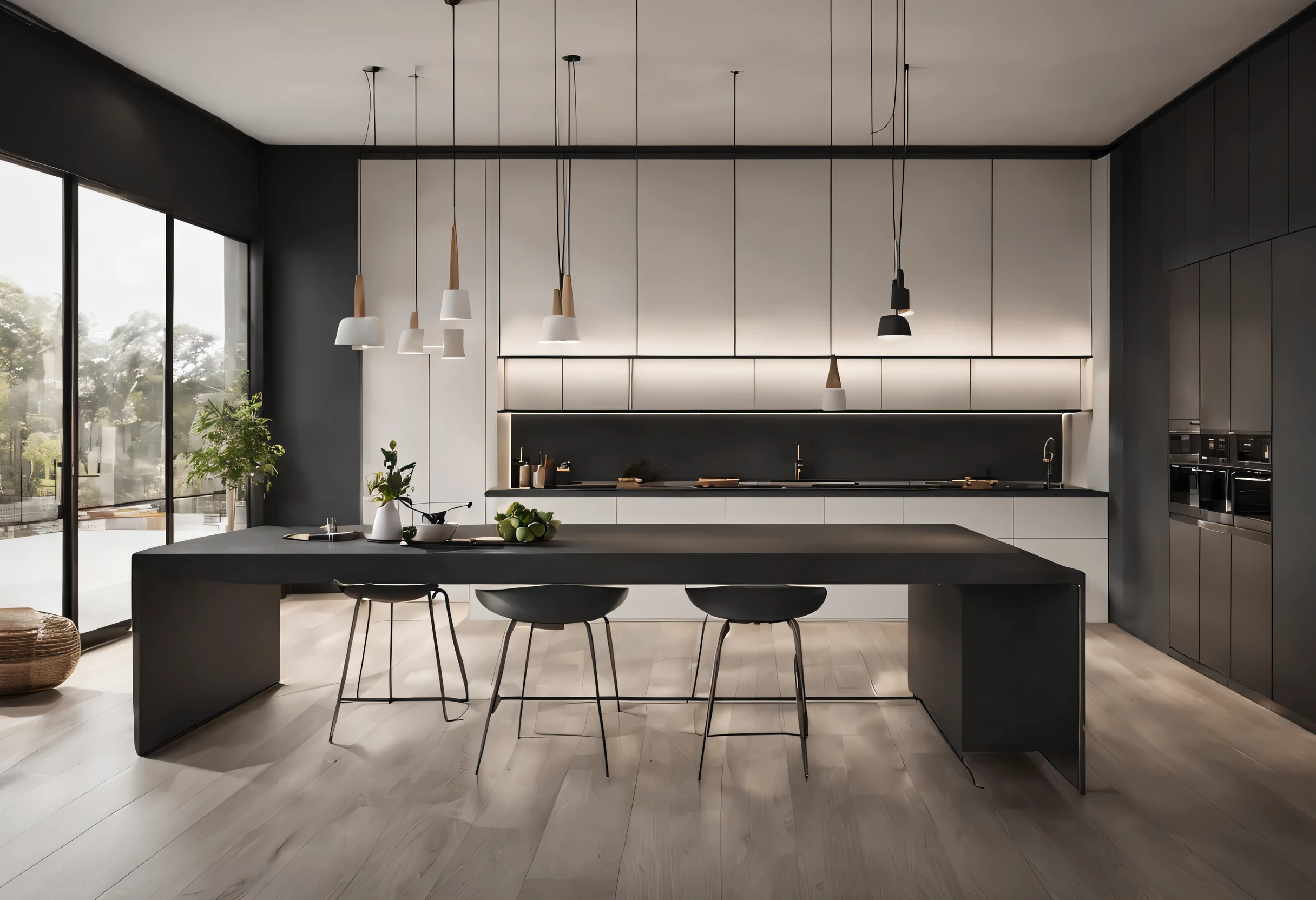 There is a kitchen in the middle of the room，There is a big island, 3D rendering inspired by david rubín, Trend of CGsociety, Minimalism, Smooth lines and great power, dark kitchen, minimal kitchen, concept art. 8k, luxury bespoke kitchen design, vray 8k rendering, luxcore renderer, Sleek streamlined design, High quality rendering