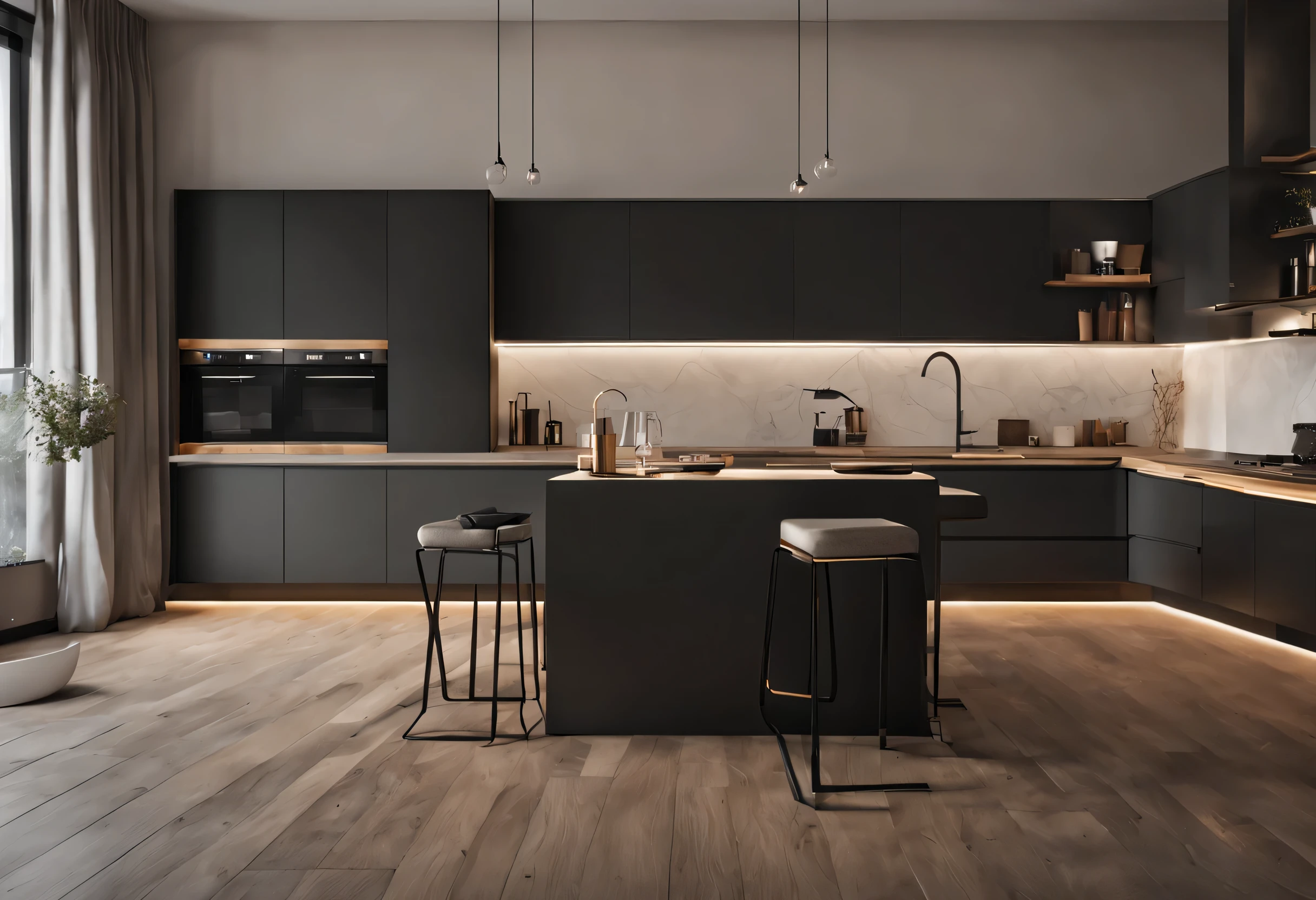 There is a kitchen in the middle of the room,There is a big island, 3D rendering inspired by david rubín, Trend of CGsociety, Minimalism, Smooth lines and great power, dark kitchen, minimal kitchen, concept art. 8k, luxury bespoke kitchen design, vray 8k rendering, luxcore renderer, Sleek streamlined design, High quality rendering