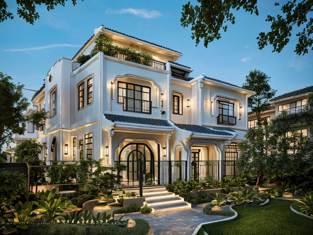 (Townhouse in city ,close houses and trees), (indochine style architecture) daylight ( best quality) ((high solution)) ,(( photo realistic)) ,warm light, soft lighting, warm atmosphere,high Resolution, hyper detailed,4k ,vray render, octane render, hyper realistic, photography expert ,exterior design , professional photography, exterior photography,wide-angle shot , ultra detail , high Resolution , full frame, full body