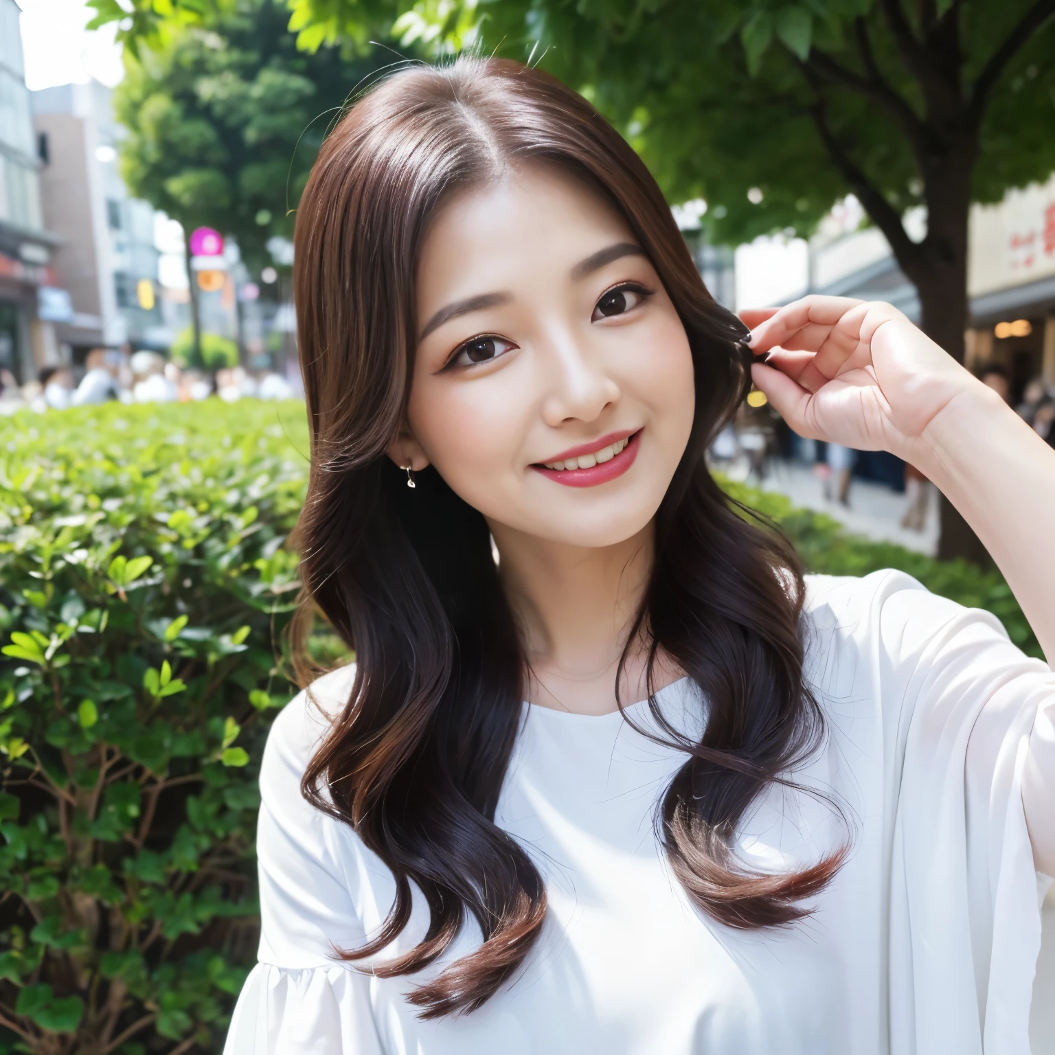 ((highest quality、8K resolution、master masterpiece、professional photography)), (50 year old beautiful mature woman with an idol face:1.1), wrinkled face、Mature woman on a date in Harajuku、Walking through the streets of Harajuku、(Wearing a pure white, elegant, high-class top:1.1)、(Navy flared skirt:1.1)、upper body photo、wrinkles around the eyes、stand gracefully、plump and soft body、The most elegant and beautiful berry long wavy hair、the biggest smile when you look at me、swollen chest、perfect makeup、beautiful lipstick、classy eye shadow、long eyelashes、Super high-resolution glossy skin
