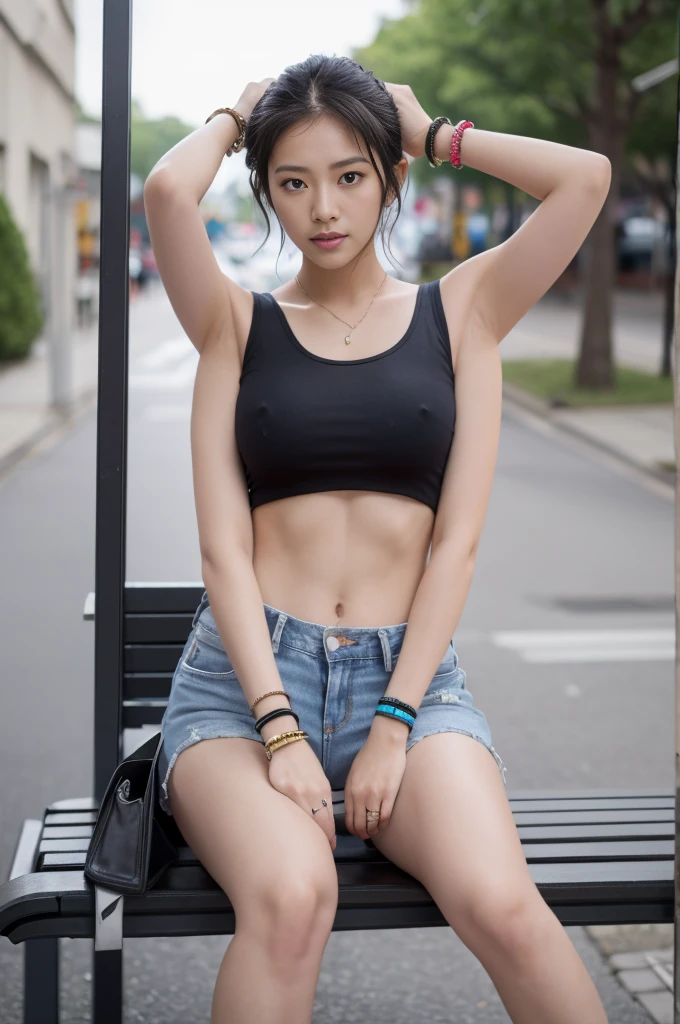 Dslr photo, (extraarms:1.2), (8k, 4k, masterpiece),beautiful pretty filipina asian woman, punk, outdoors, street, sleeveless black cropped shirt, denim shorts, short dark hair, bracelets, arm bands, blurry background, (upper hands on head), (lower hands on ), (lower hands on legs), (lower hands on bench), (elbows out), boots, full subject in frame, full body view, sitting on bench, (extraarms:1.2), (four arms), slim body,