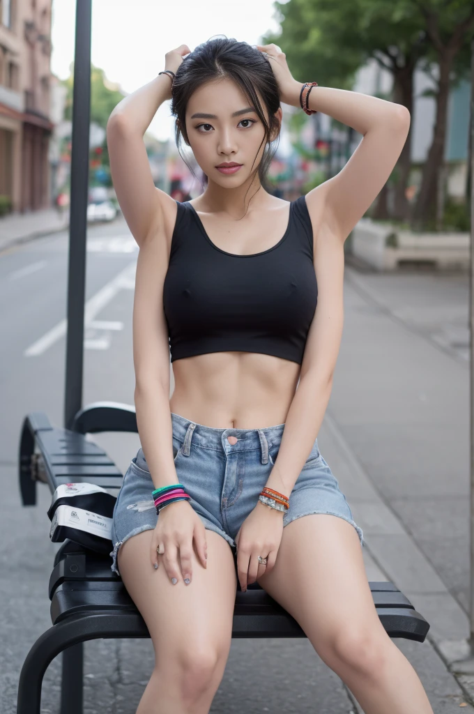 Dslr photo, (extraarms:1.2), (8k, 4k, masterpiece),beautiful pretty filipina asian woman, punk, outdoors, street, sleeveless black cropped shirt, denim shorts, short dark hair, bracelets, arm bands, blurry background, (upper hands on head), (lower hands on hips), (lower hands on legs), (lower hands on bench), (elbows out), boots, full subject in frame, full body view, sitting on bench, (extraarms:1.2), (four arms), slim body,