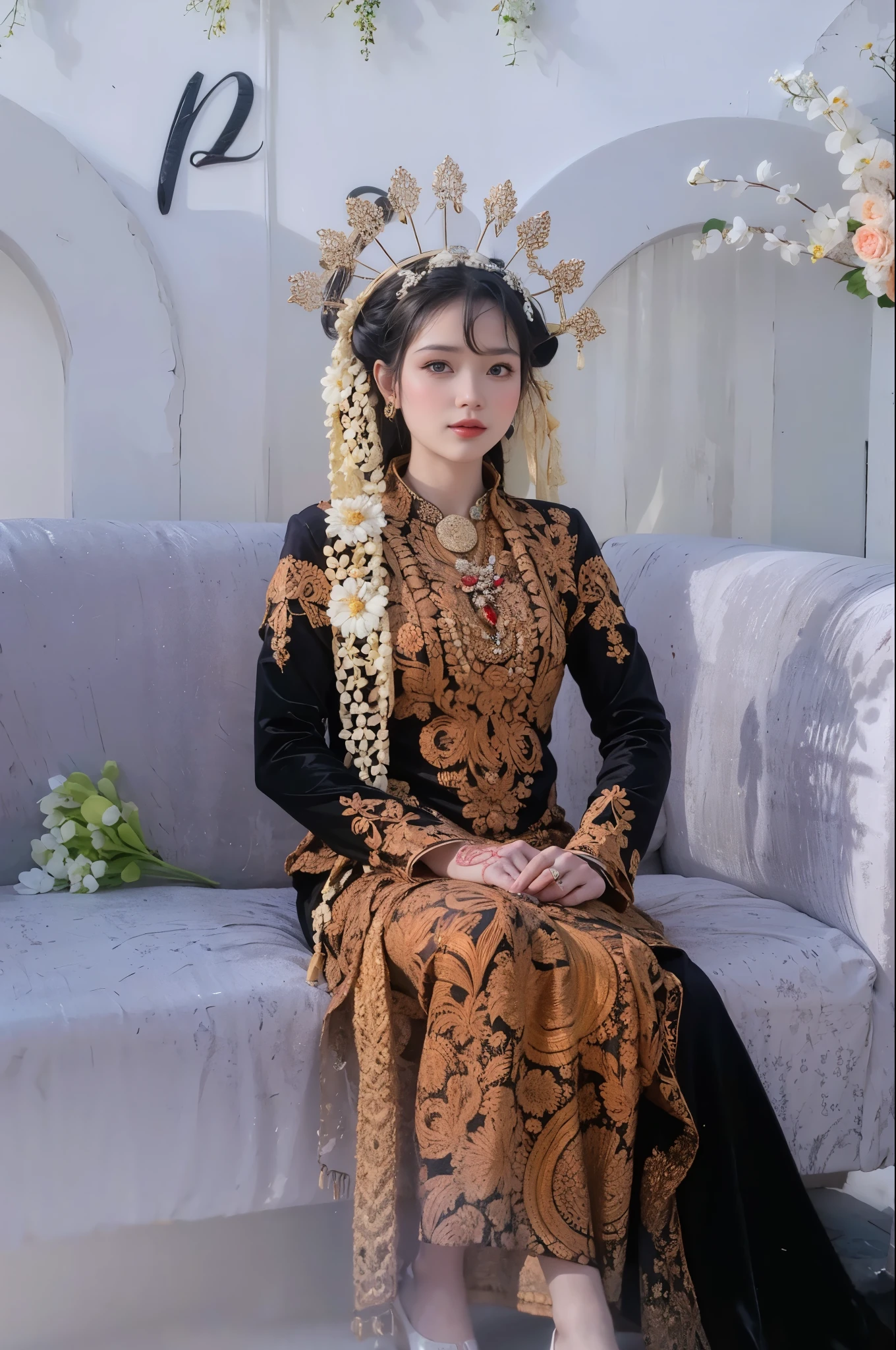 araffe woman in traditional dress sitting on a couch with flowers, traditional dress, traditional clothes, wearing traditional garb, wearing ornate clothing, traditional clothing, bride, traditional beauty, traditional, wearing an ornate outfit, traditional costume, wearing authentic attire, wedding, potrait, comming, protrait, portrait shot, ornate attire, traditional makeup, ornately dressed