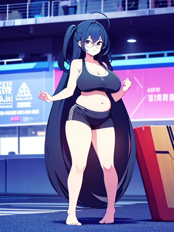 (Very high quality, detailed) A full body image of a pregnant girl wearing a sports bra, very thight shorts and glasses, she's standing barefoot and has very big breasts, long hair and a pretty thick body. She has her hands on her belly and her belly is uncovered