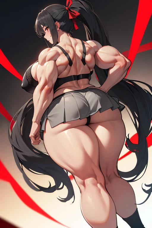 (Best quality,8K,ultra high res:1.5),(pretty long hair that is pulled back into a high ponytail with a red ribbon anime girl),(very voluptuous body),(very voluptuous thigh),(body builder girl:1.5),(wide muscle:1.8),(light black hair),(grey bra),(grey short skirt),(back view)