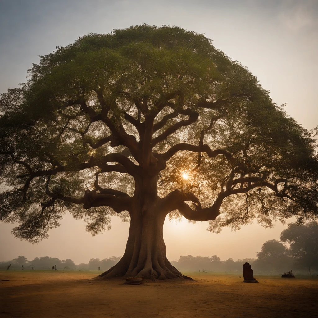 a masterpiece of landscape view, in middle of image have largest the Mahabodhi Tree (tree of awakening), The tree has beautiful, perfect leaves. natural daylight, surround natural claim and peaceful, Infront of the tree have smooth grass surface. on the bank of the Neranjara River, Bodh Gaya india, highly detailed, highres, kodak film. professional shot, perfect composition