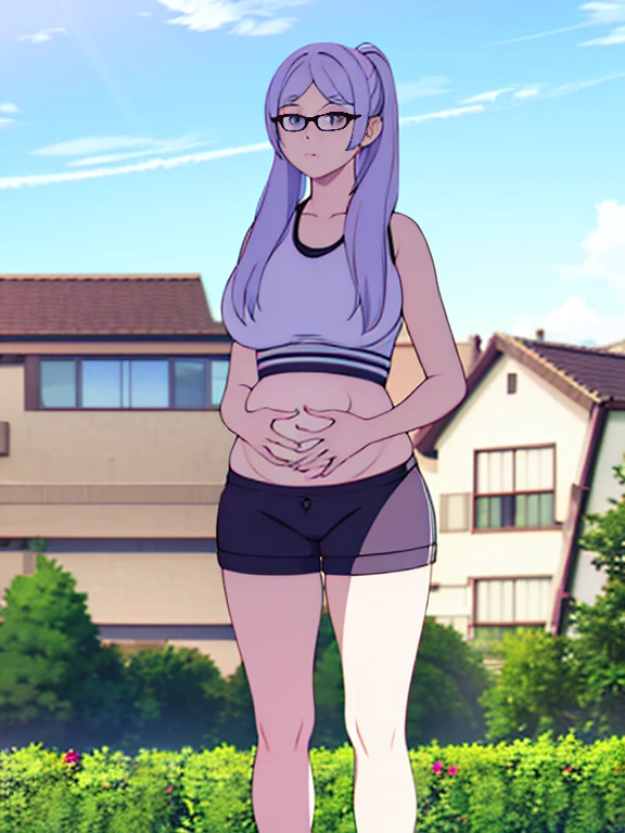 (Very high quality, detailed) A full body image of a pregnant girl wearing a sports bra, very thight shorts and glasses, she's standing barefoot and has very big breasts, long hair and a pretty thick body. She has her hands on her belly and her belly is uncovered