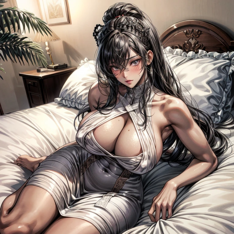 Black hair, 1 girl, sexy, African dark skinned, dark black eyes, wearing a tight white dress, lying on her bed seductively, seductive expression, blushing