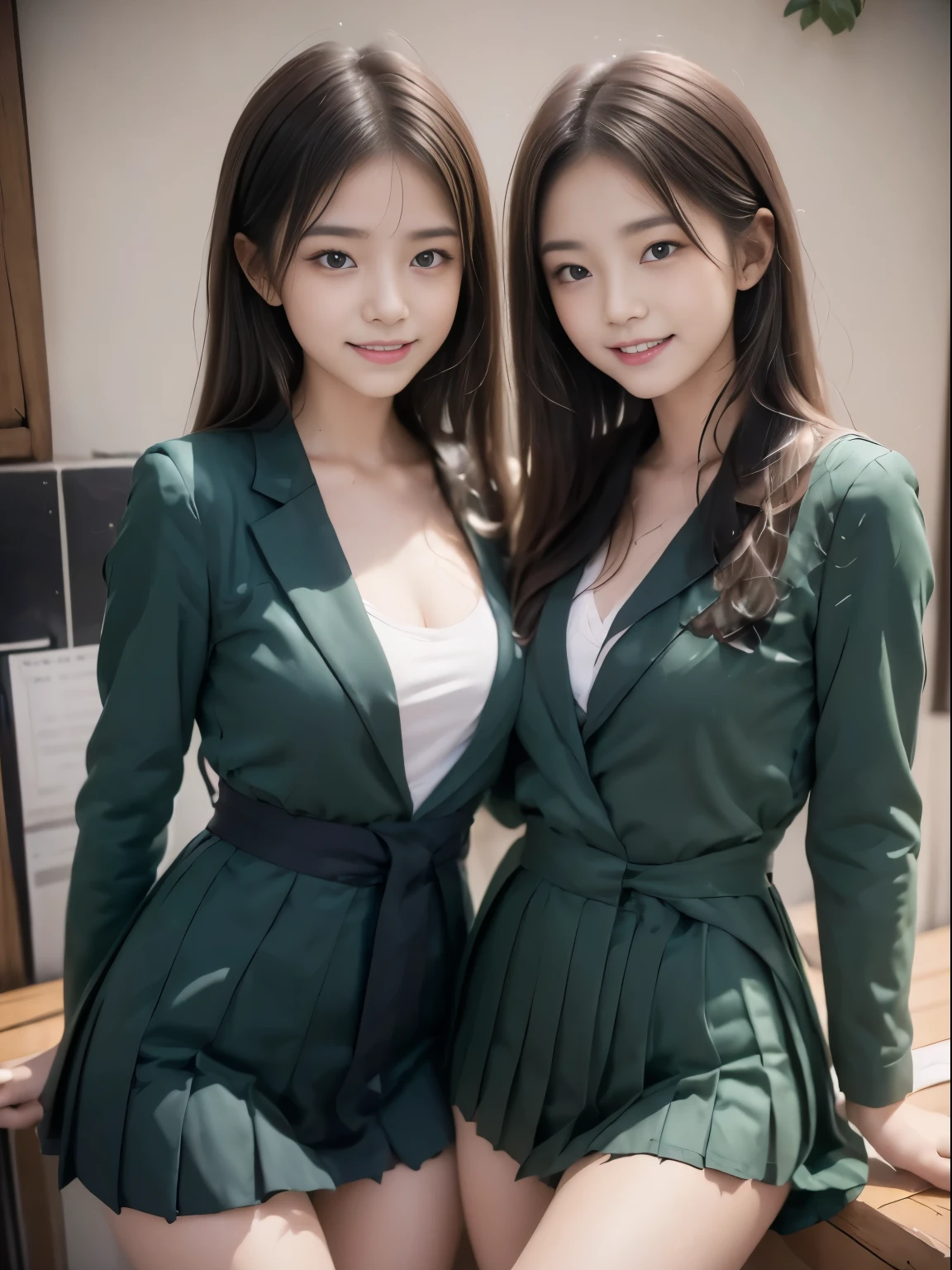 (((2 Girls Two Shots)))(((Detailed School Uniform)))(((Wearing a green blazer uniform)))(((wearing a pleated skirt)))best image quality R photo (((detailed face、、Ten generations)))(((detailed body、model body shape、sexy body)))(((long hair that grows to the waist )))Two girls wearing high school uniforms((angelic smile))