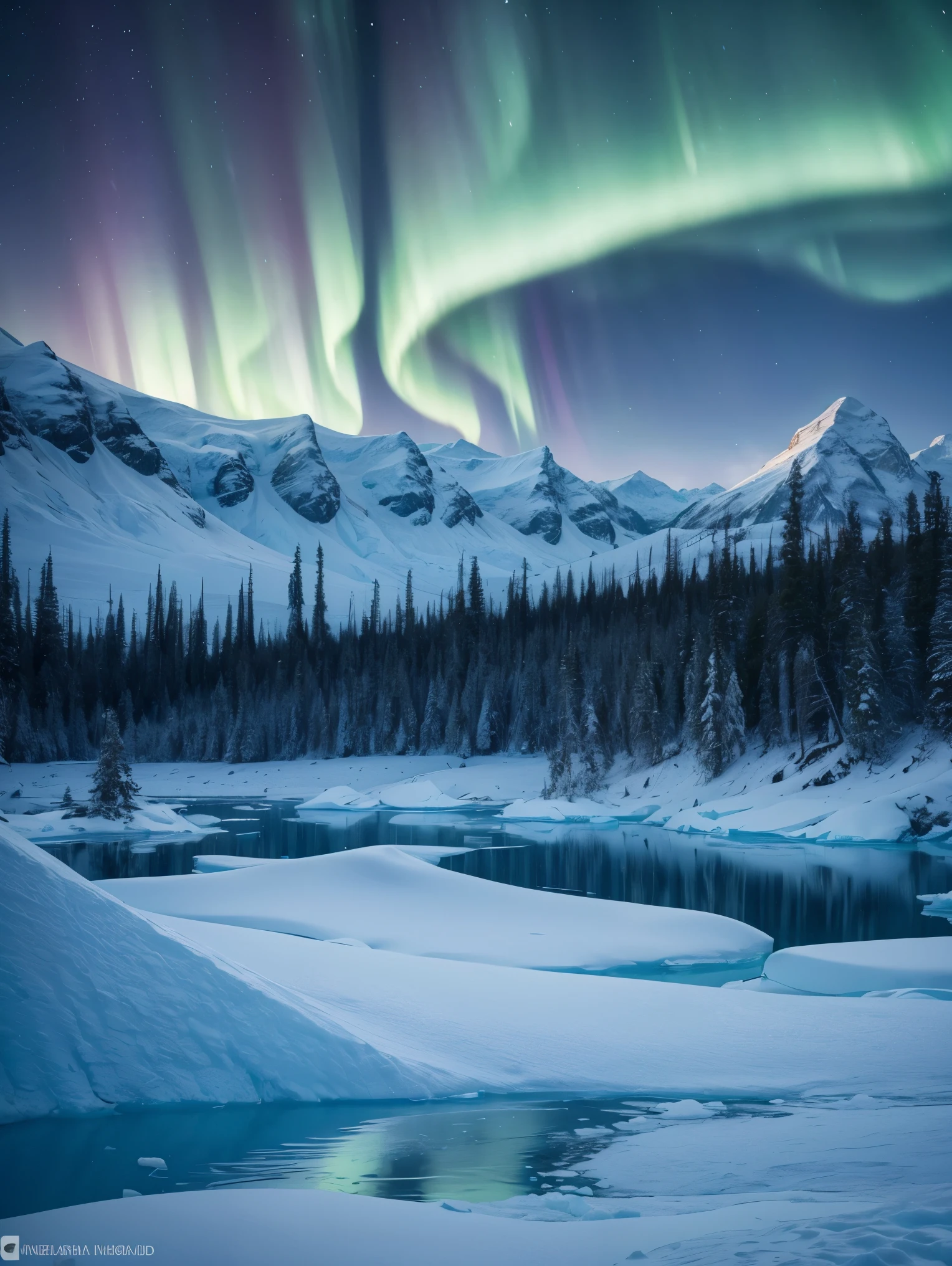 An exquisite arctic landscape painted in various shades of ethereal blue, showcasing the untouched beauty of icy glaciers, sparkling snow-covered peaks, and an expansive frozen forest stretching as far as the eye can see. A landscape with feminine curves. Mounds reminiscent of the
the shape of generous breasts. The serene atmosphere is intensified by the soft glow of the moon reflecting off the crystalline ice, creating a captivating tableau of pure tranquility and awe-inspiring natural wonders. Northern lights. National geographic style. Masterpiece. UHD.