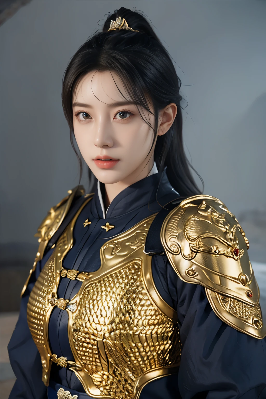 Game art，The best picture quality，Highest resolution，8K，(A bust photograph)，(Portrait)，(Head close-up)，(Rule of thirds)，Unreal Engine 5 rendering works， (The Girl of the Future)，(Female Warrior)， 
20岁少女，(The generals of ancient China)，An eye rich in detail，(Big breasts)，优雅高贵，冷漠，勇敢的，
(Wearing ancient Chinese style armor，Armor of the Tang Dynasty，Costumes are rich in detail，Metallic luster，Silver gray)，中国人物，奇幻风格，
拍照姿势，野外背景，Movie lights，Ray tracing，Game CG，((3D Unreal Engine))，oc渲染反射纹