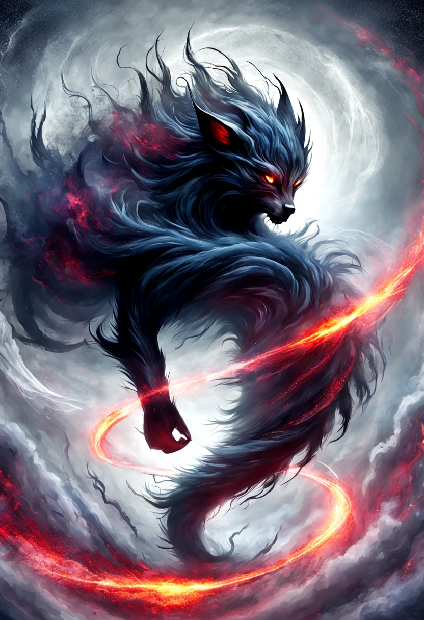 Black Wolf Illustration, representation of the darkness and chaos of the world, aura monstruosa, lobo de ojos rojos, supreme magic vortexes, Magic Runes, poder inmenso, caos, oscuridad.