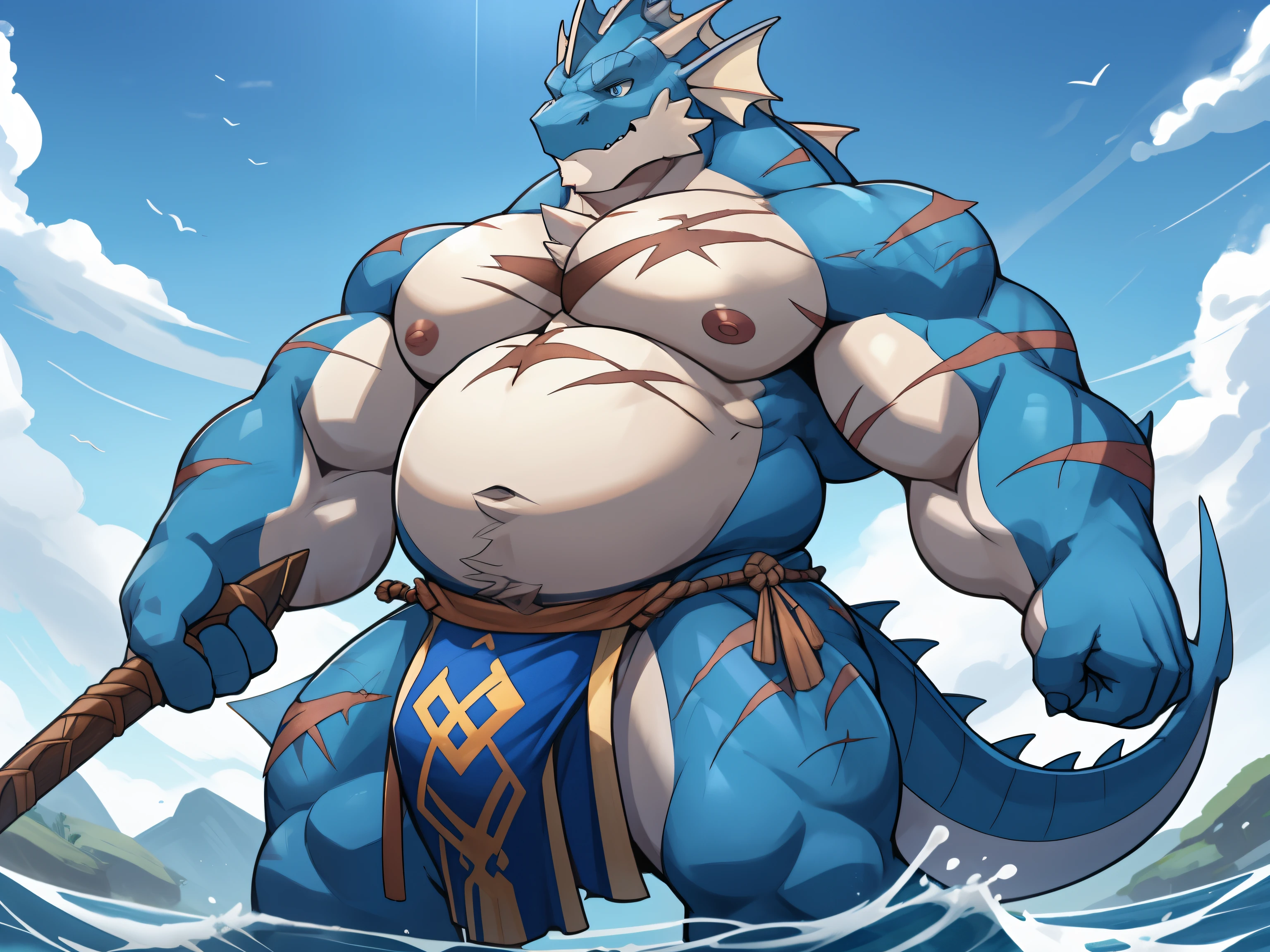 male, Fishman Warrior， There are scars on the body，head fins,There are fins on the arms，confused eyes, Huge pink nipples , chubby, big biceps, huge , The general's belly, blue eyes，grey-blue scales，Detailed crotch, huge bulge，loincloth，Fishman Warrior的胸部被揉搓