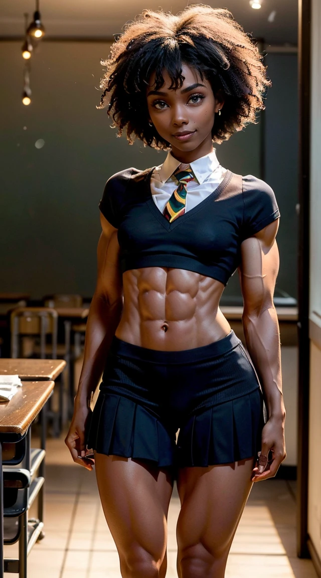 (Muscular:1.9), ((thick legs, wide hips:2))!, ((african-american female:2))!!, ((dark skin:2)), (frizzy hair:1.9), (wearing glasses:1.1), earings, eyeshadow, lipstick, mole under eye, (freckles:0.9), (ten pack abs:1.5), upper body view, (long hard nipples:1.1), ((small perky breast implants:1.5)), choker, (school uniform, thin fabric:2), (sculped muscles:1.9), detailed eyes, (athletic body:1.2), (muscular body:1.9), (looking at viewer), round ass, dark bedroom, (nighttime:1), rim lighting, two tone lighting, (dimly lit:1.9), clean skin, low key (DETAILED SKIN), bangs, blunt bangs, licking lips, naughty face, naughty, smile, bokeh