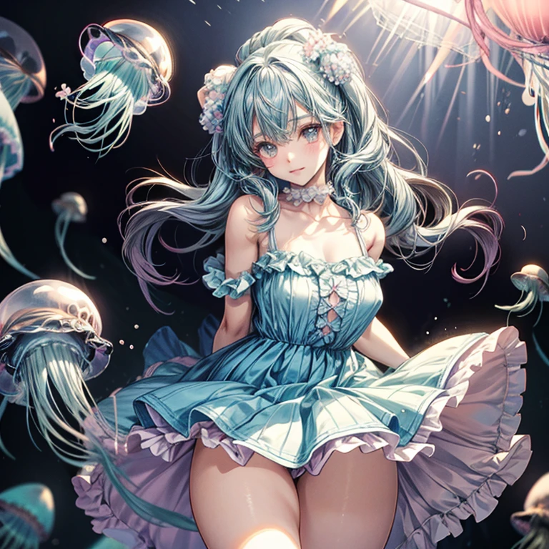 cute girl yeah,big chest,kawaii,(jellyfish girl:1.2), arms behind back,underwater,frilled dress,