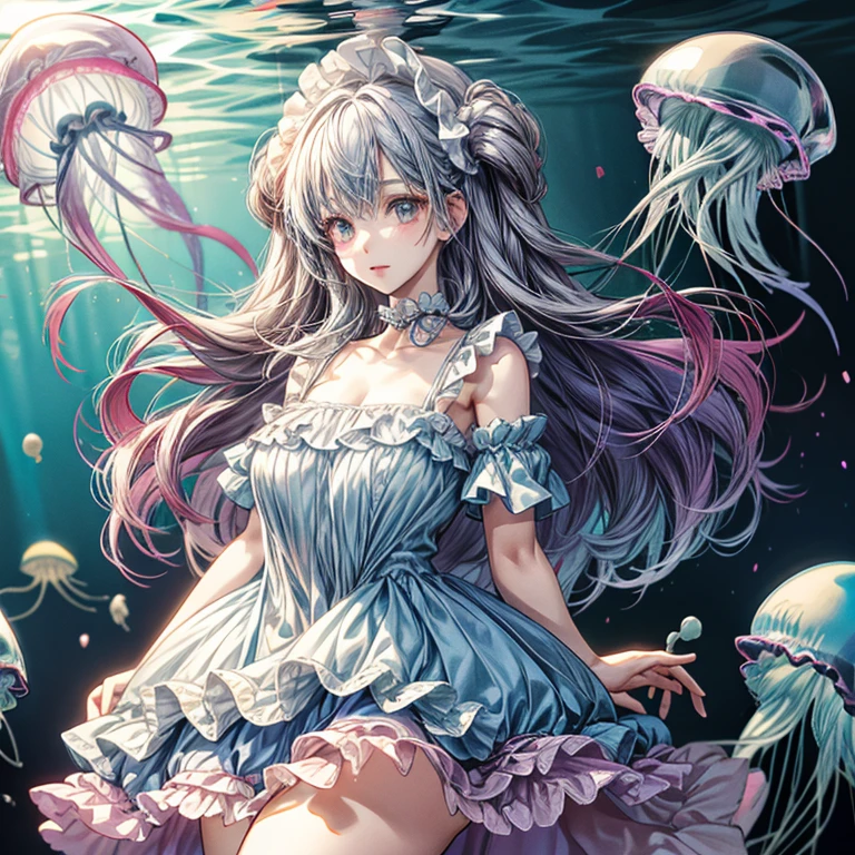 cute girl yeah,big chest,kawaii,(jellyfish girl:1.2), arms behind back,underwater,frilled dress,