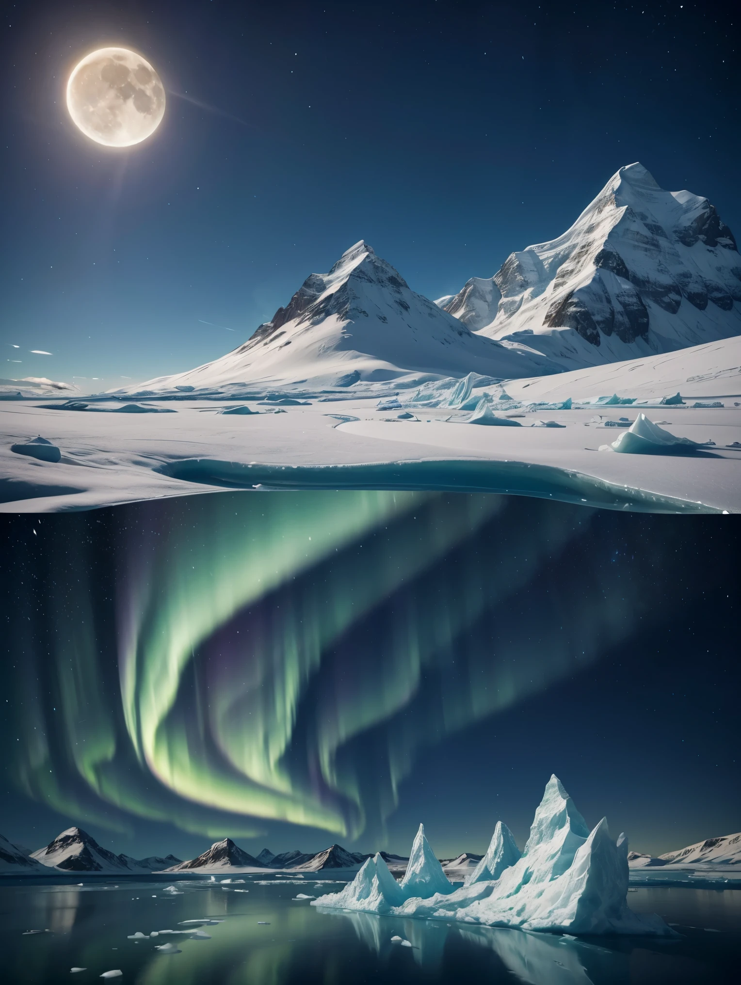 An exquisite arctic landscape painted in various shades of ethereal blue, showcasing the untouched beauty of icy glaciers, sparkling snow-covered peaks, and an expansive frozen tundra landscape with feminine curves. Mounds reminiscent of the
the shape of generous breasts stretching as far as the eye can see. The serene atmosphere is intensified by the soft glow of the moon reflecting off the crystalline ice, creating a captivating tableau of pure tranquility and awe-inspiring natural wonders. Northern lights. National geographic style. Masterpiece. UHD.
