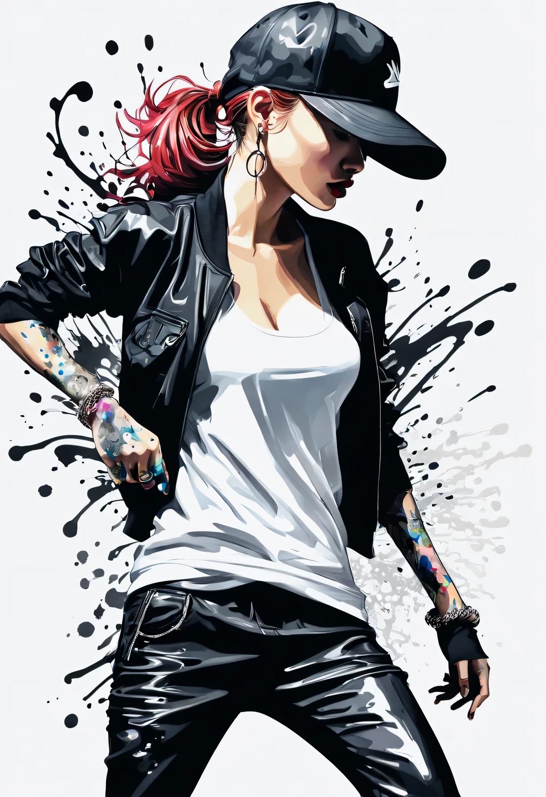 liquid ink painting,splash ink, Anna Dietman style, figure, inked-art, side view,Hip hop fashion design style