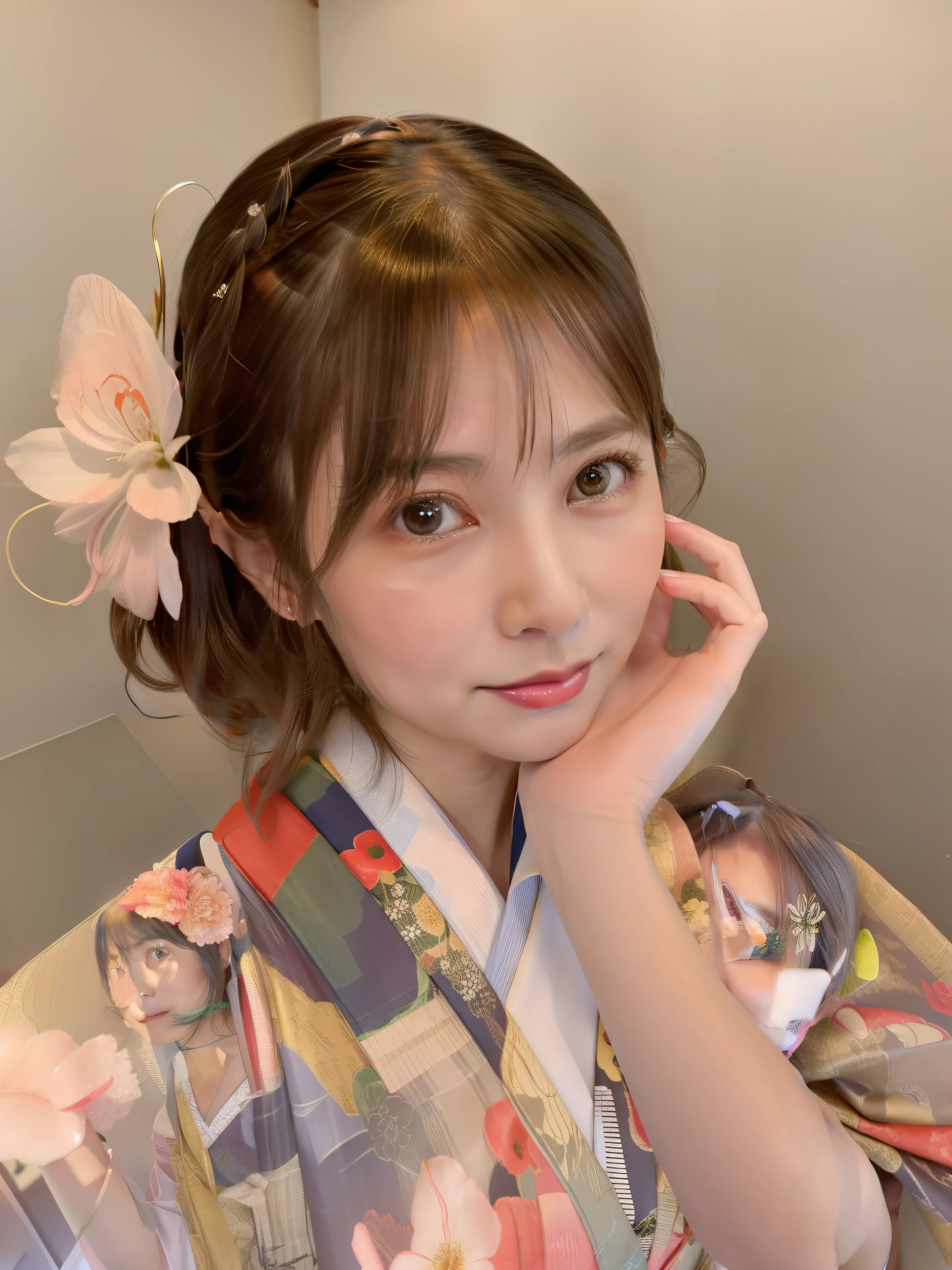 there is a woman with a flower in her hair posing for a picture, beautiful japanese girl face, Cute girl - well-groomed face, sakimichan, Japanese facial features, cute natural anime face, shikamimi, sakura kinomoto, cute - well-groomed - face, sakimi chan, Yoshitomo Nara, in kimono