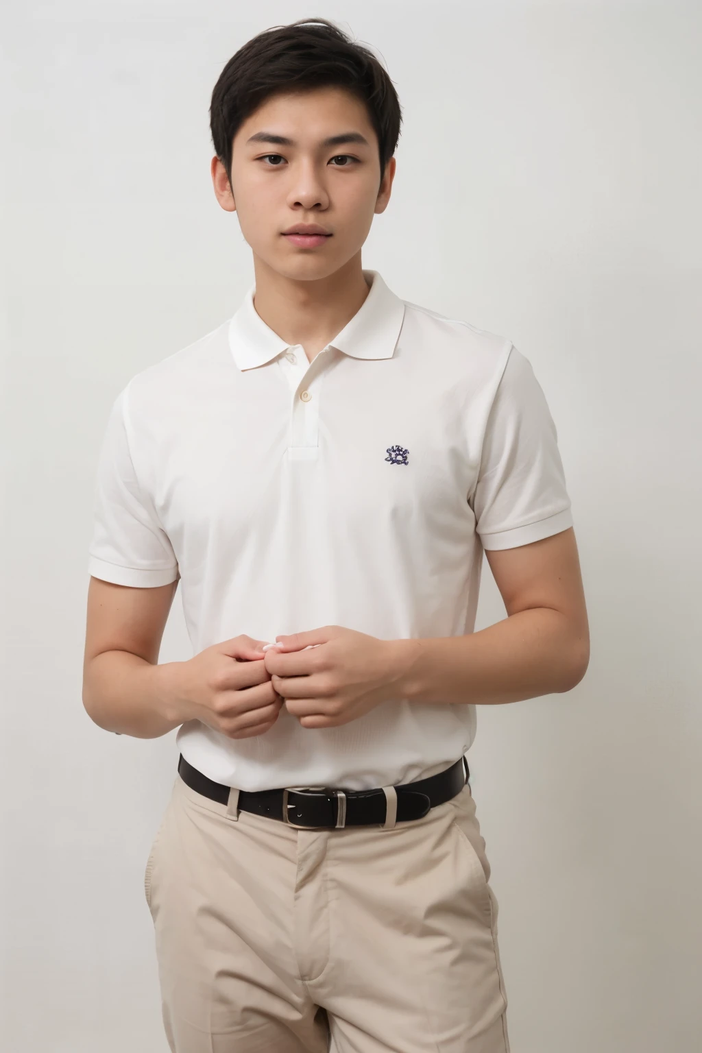 ((best quality)), ((masterpiece)), (detailed), Male Asian teen student, wearing fully white blank polo, in a white background, full medium shot, realistic