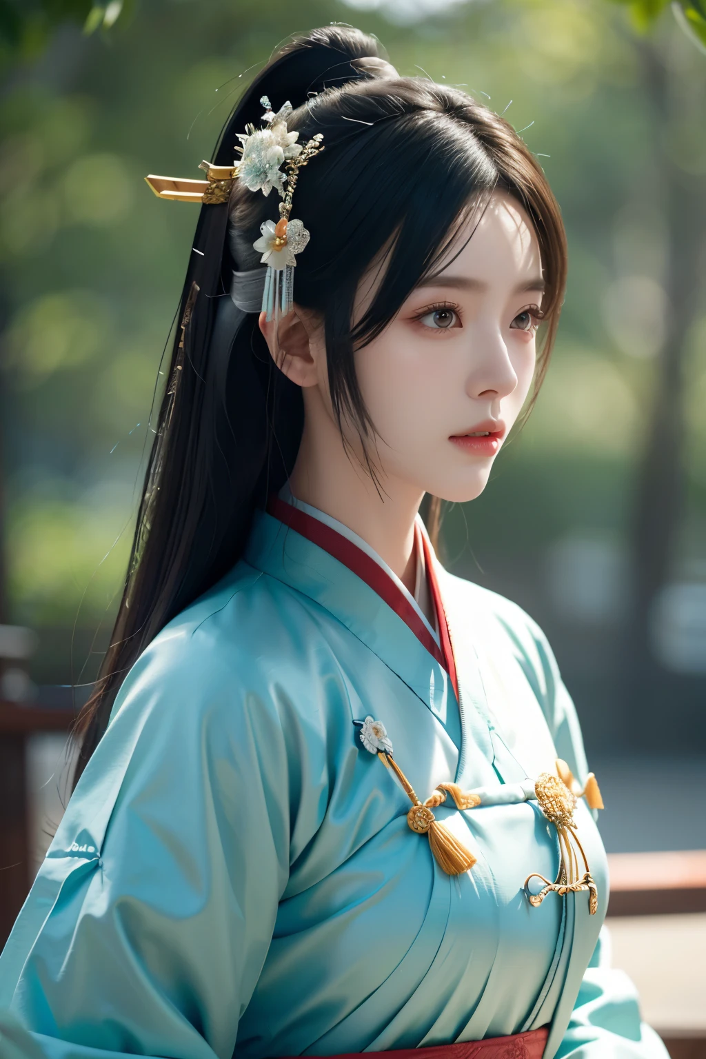 Game art，The best picture quality，Highest resolution，8K，(A bust photograph)，(Portrait)，(Head close-up)，(Rule of thirds)，Unreal Engine 5 rendering works， (The Girl of the Future)，(Female Warrior)， 
20岁少女，(The generals of ancient China)，An eye rich in detail，(Big breasts)，优雅高贵，冷漠，勇敢的，
(Wearing ancient Chinese cloth，Chinese Hanfu，Costumes of the Tang Dynasty，Costumes are rich in detail，Simple shades)，中国人物，奇幻风格，
拍照姿势，野外背景，Movie lights，Ray tracing，Game CG，((3D Unreal Engine))，oc渲染反射纹