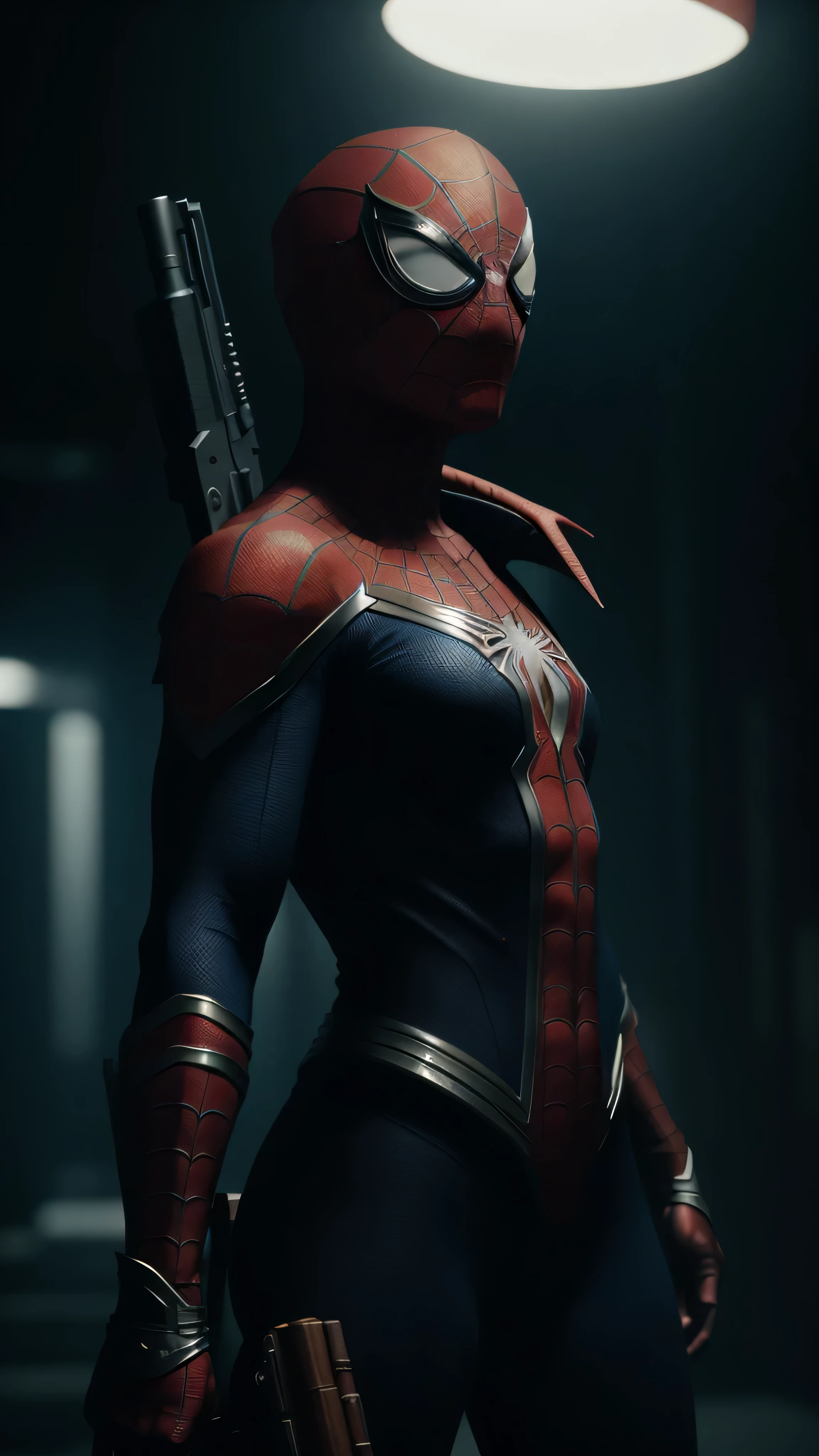 Low angle shot of SPIDERMAN holding a shotgun. digital art, 64k high quality detailed art, 3d render character art 64k, detailed digital 2d fantasy art, detailed fantasy digital art, 64k detailed digital art, hyper realistic textures, natural textures, elegant, super detailed, photo realistic, ultra realistic, intricate details, Cinematic, ambient occlusion, volumetric lighting, shot on Sony A7S III, f/ 9. 0, 1/ 500, sharp focus 64k unsaturated, masterpiece, best qual cinematic Sony A7S III, shallow depth of field, 100mm f/2.4, natural light, cinematic, widescreen aspect ratio, Cinematic Dramatic, inside epic place, epic background, film noir, Sci-fi film style, natural textures, hyper-maximalist, sharp focus, dynamic pose.