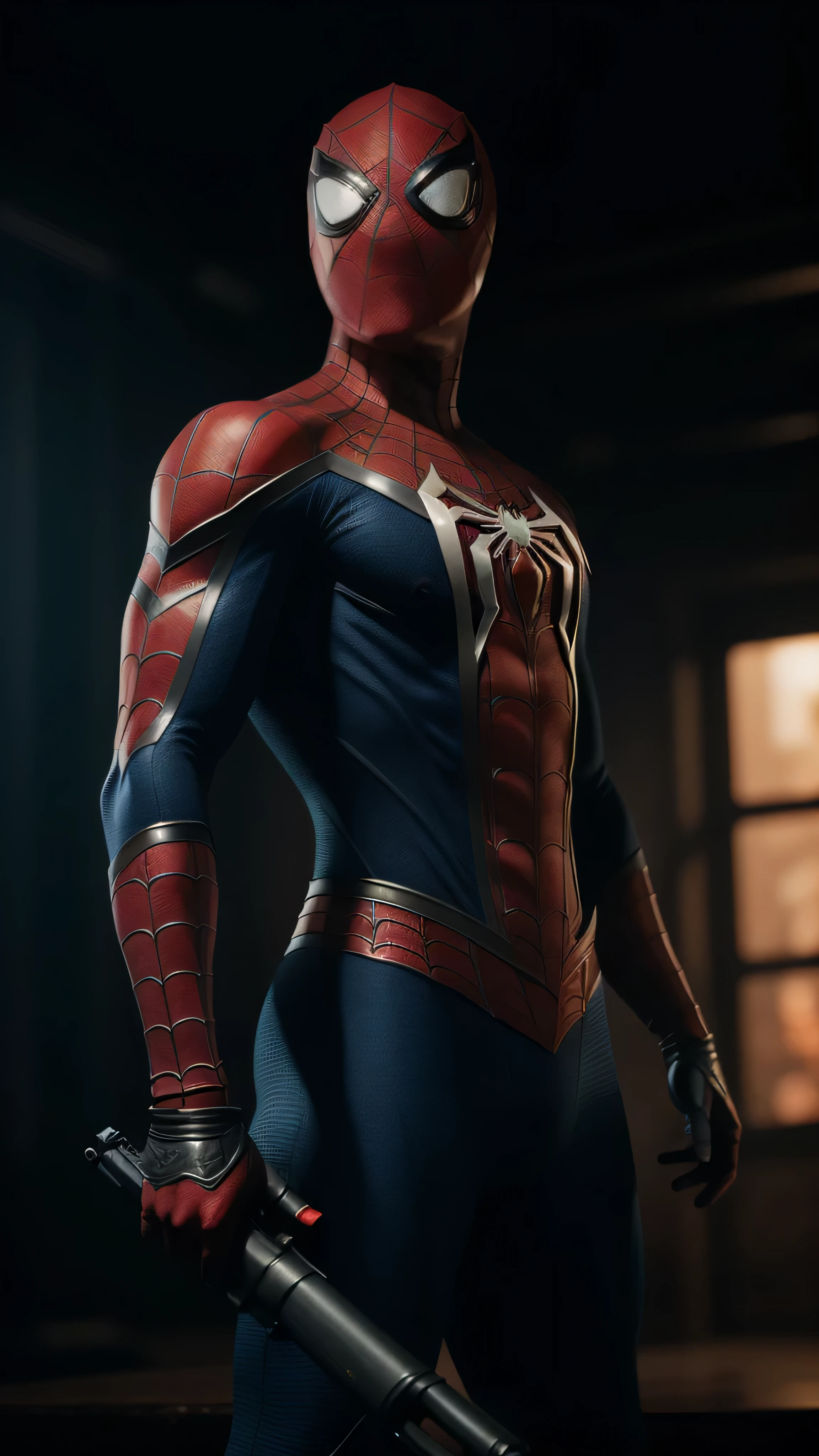Low angle shot of SPIDERMAN holding a shotgun. digital art, 64k high quality detailed art, 3d render character art 64k, detailed digital 2d fantasy art, detailed fantasy digital art, 64k detailed digital art, hyper realistic textures, natural textures, elegant, super detailed, photo realistic, ultra realistic, intricate details, Cinematic, ambient occlusion, volumetric lighting, shot on Sony A7S III, f/ 9. 0, 1/ 500, sharp focus 64k unsaturated, masterpiece, best qual cinematic Sony A7S III, shallow depth of field, 100mm f/2.4, natural light, cinematic, widescreen aspect ratio, Cinematic Dramatic, inside epic place, epic background, film noir, Sci-fi film style, natural textures, hyper-maximalist, sharp focus, dynamic pose.