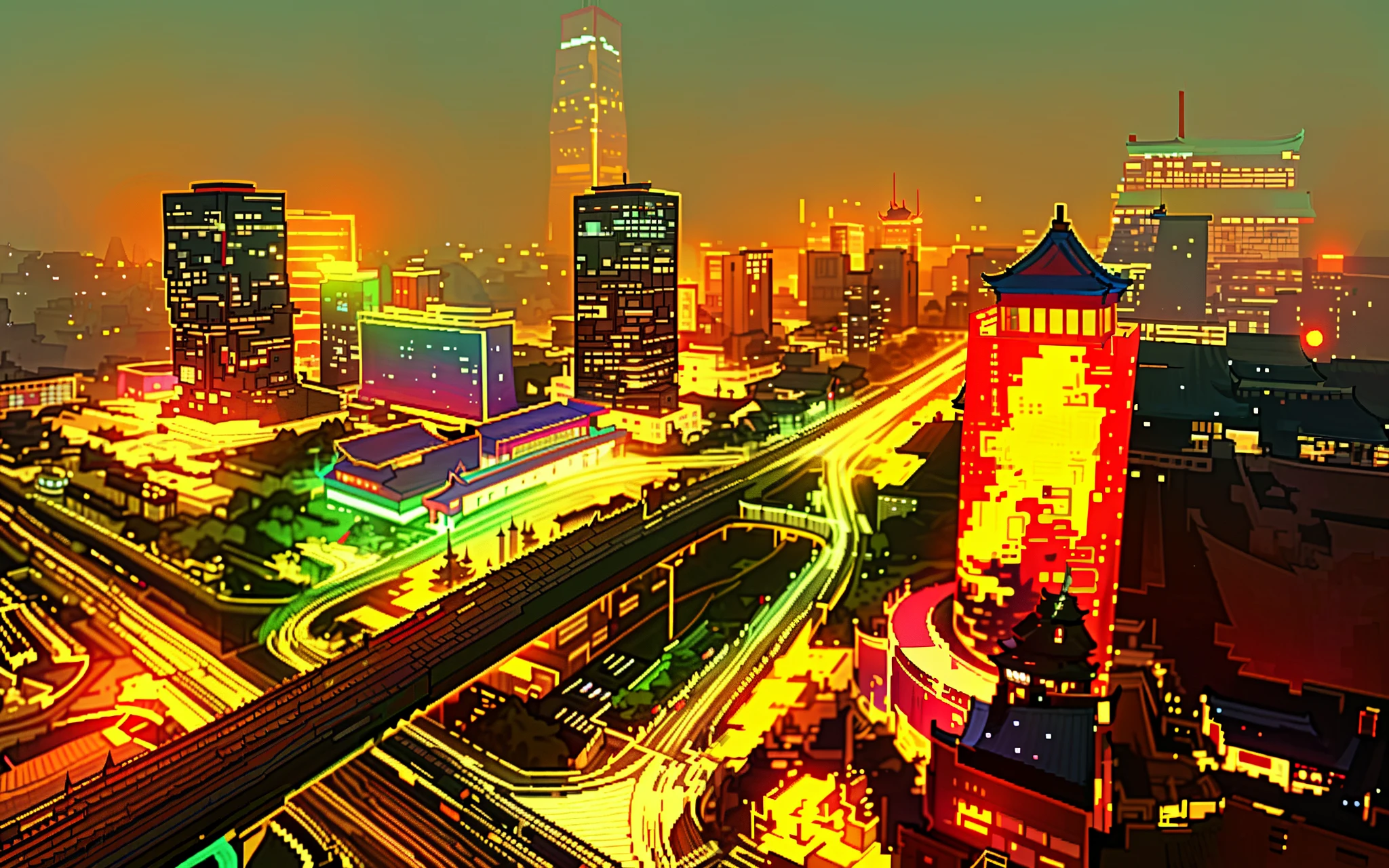 Beijing,night view， Beautifully lit buildings，pixel style