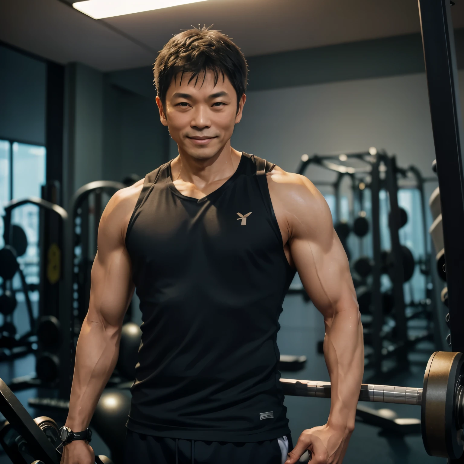 The 44 year old guy in the gym. He is a skinny who want to build a muscle. He is asian, wear a glass. He look young in his age. He smile but feel lonely inside.