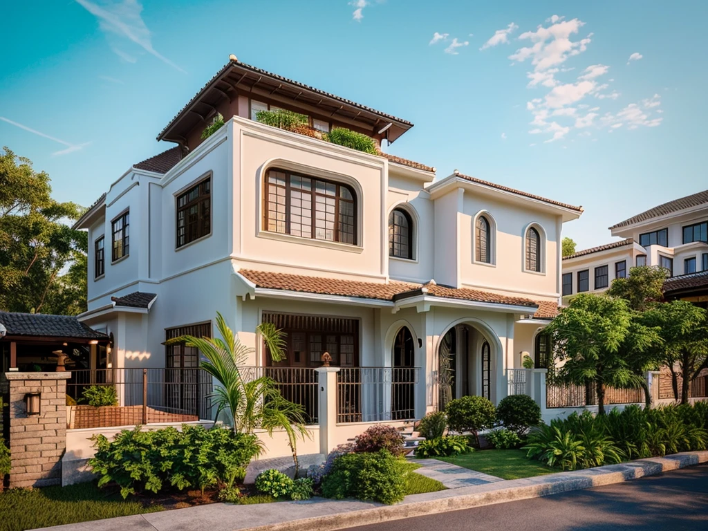 (Townhouse in city ,close houses and trees), (indochine style architecture) daylight ( best quality) ((high solution)) ,(( photo realistic)) ,warm light,  soft lighting, warm atmosphere,high Resolution, hyper detailed,4k ,vray render, octane render, hyper realistic, photography expert ,exterior design , professional photography, exterior photography,wide-angle shot , ultra detail , high Resolution , full frame, full body