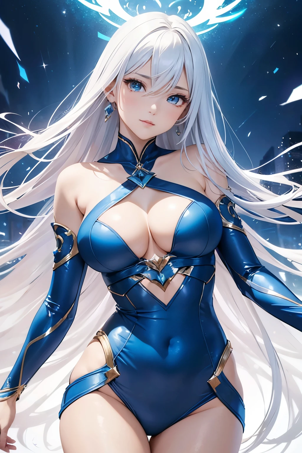 masterpiece, superior quality, 1 woman, Rebecca Bluegarden from Edens Zero, super detailed, fitting bodycon dress, (playful wink), (super adorable face), (angelic countenance), (stunningly beautiful eyes with a captivating spark), (shimmering, luminescent eyes), (full figure), (luminous, flowing hair), super sexy, sleek tresses, (delicate, flawless hands), (perfect anatomy), (sexy, ethereal body), posing seductively, (slender, refined face), (ultra-cute), Detailed features, ultra-realistic, best quality, Cinematic