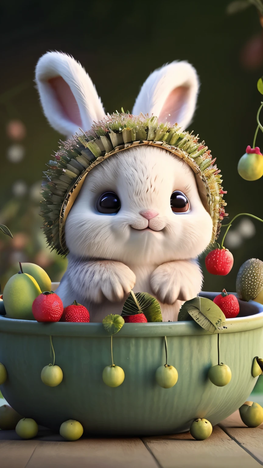 (Masterpiece, Award-winning, Best quality, high resolution) 3D illustration, 1 cute furry rabbit, wearing an outfit, lying on a bed of juicy and ripe fruits, surrounded by a colorful fruit garden.